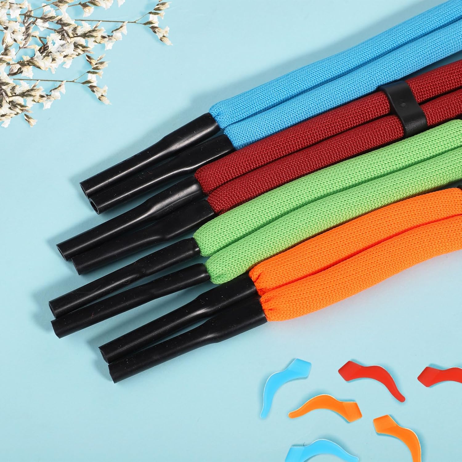 BOXOB 4pcs Floating Glasses Strap, Adjustable Foam Eyewear Retainer Strap with 4 Pairs Anti-Skidding Ear Grip Hooks for Men Women Kids Swimming Water Sports Kayak Surfing Outdoor Glasses Lanyards