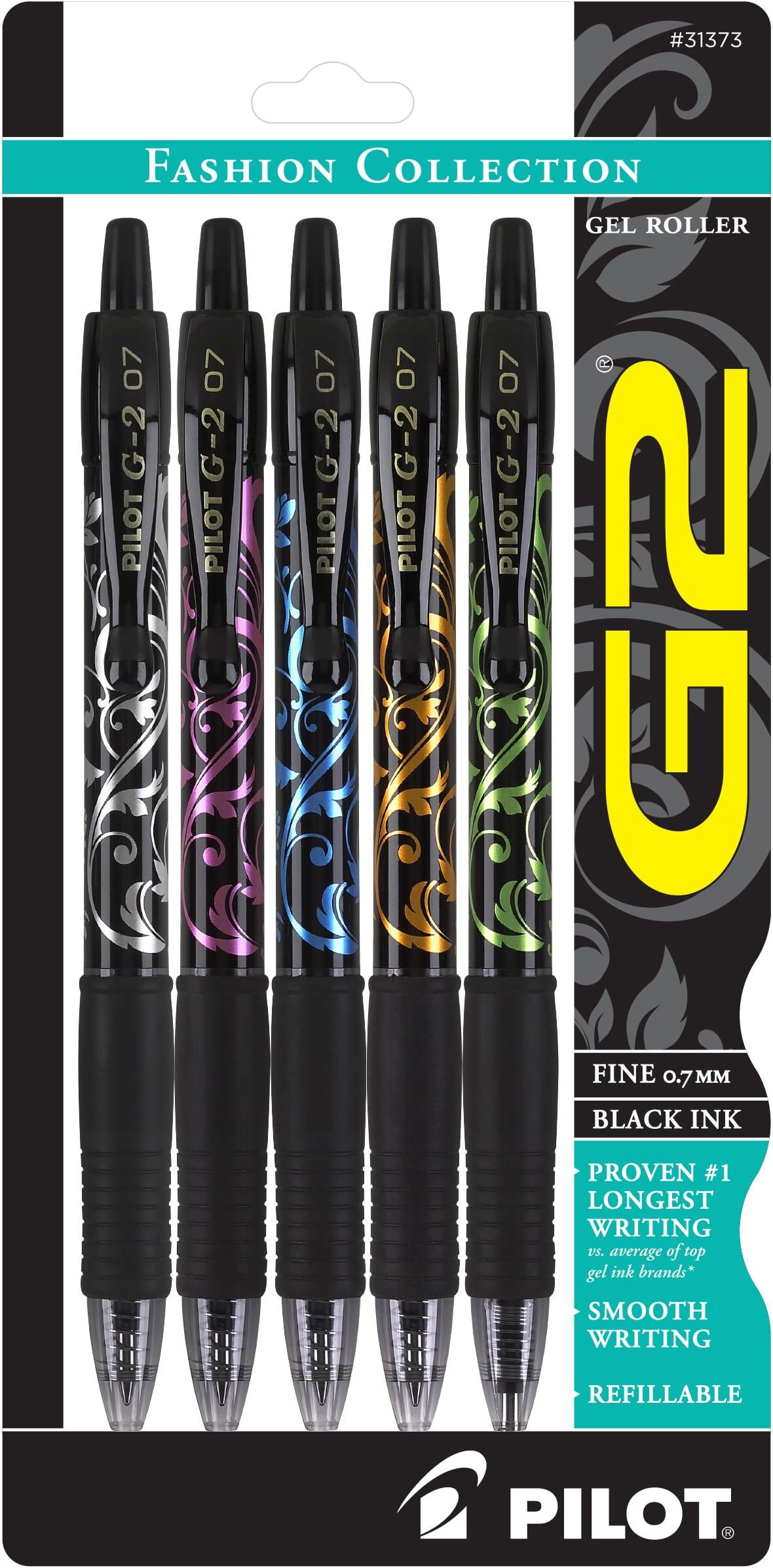 G2 Premium Gel Roller Pens, Fine Point 0.7 mm, Fashion Collection, Black, Pack of 5