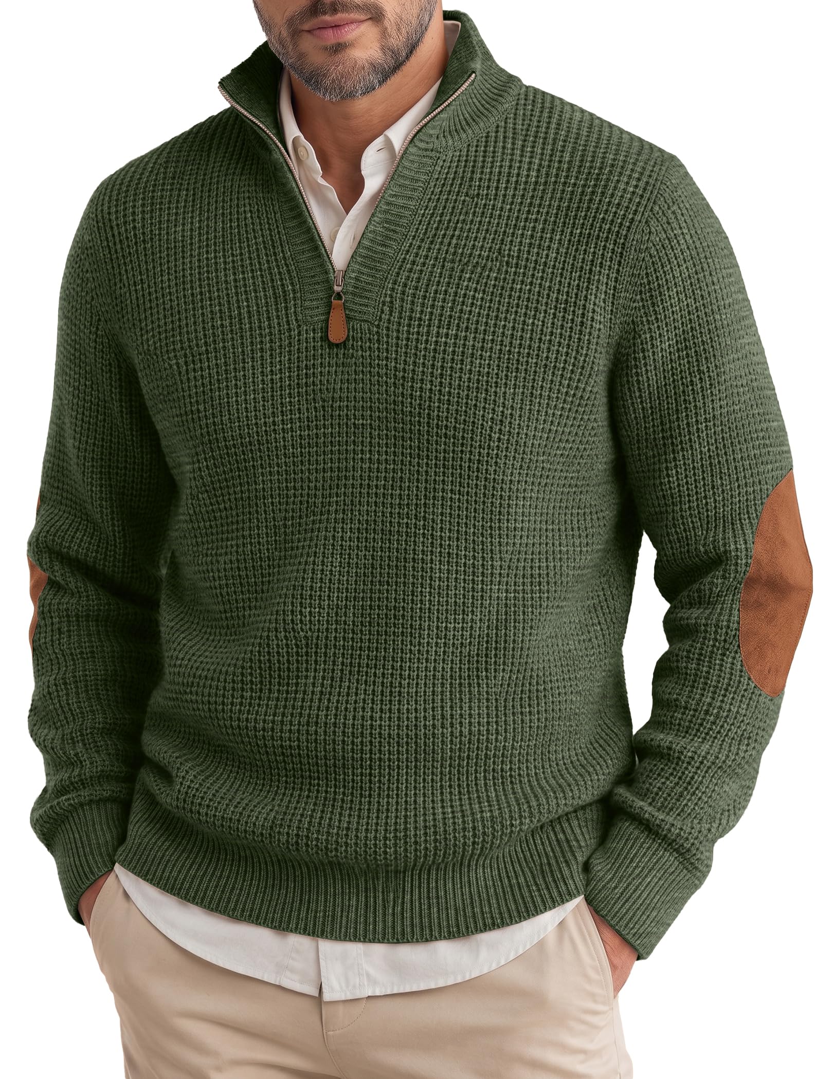 JMIERR Herren Waffelstrick Pullover Quarter Zip | Quarter Zip,Stehkragen,Weicher Stretch-Strick,Wildleder-Patches,Business lässiger Stil,Herbst und Winter