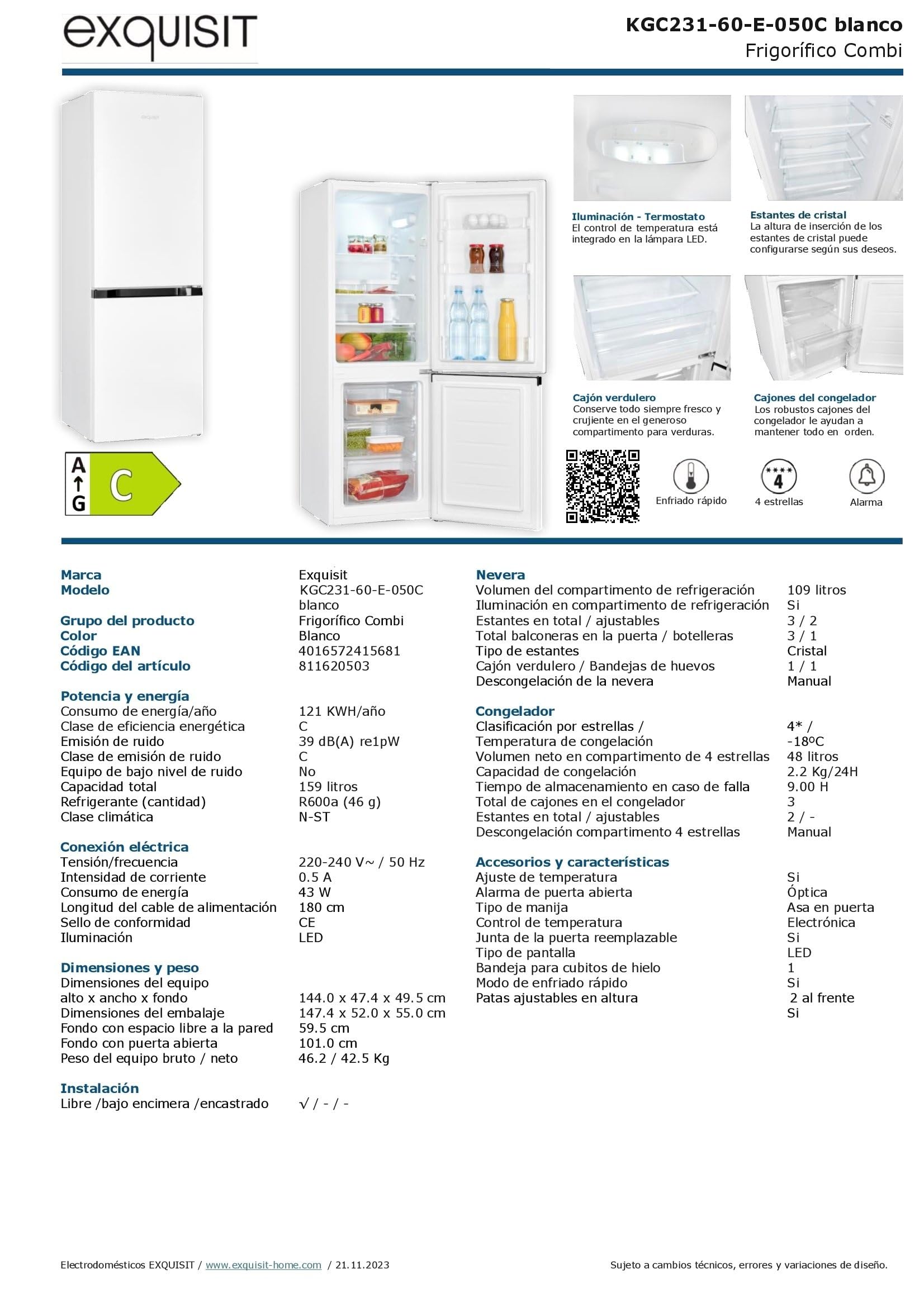 Exquisit® Frigorífico Combi Blanco 159L Clase C Puerta Reversible | Control electrónico, alarma de puerta, enfriamiento rápido, iluminación LED y medidas 144,0 x 47,4 x 49,5 cm
