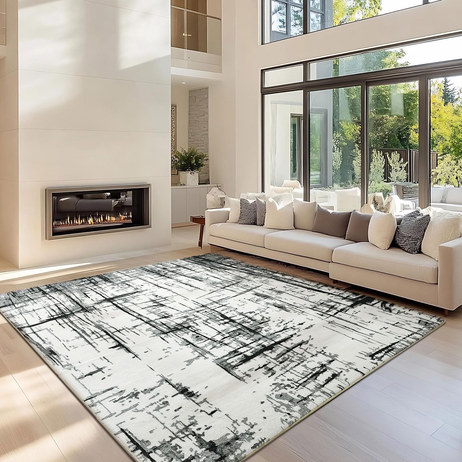 Calore Woonkamer Tapijt Slaapkamer Groot Zacht Tapijt, Antislip Moderne Woonkamer Tapijt, gestreepte hoge pool (bruin/wit/zwart, 200 x 250 cm