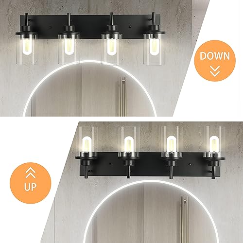 Miniatura 5 de Lámparas de tocador, lámparas de baño negro mate sobre el espejo, lámpara moderna de apliques de pared con pantalla de vidrio transparente (4 luces)