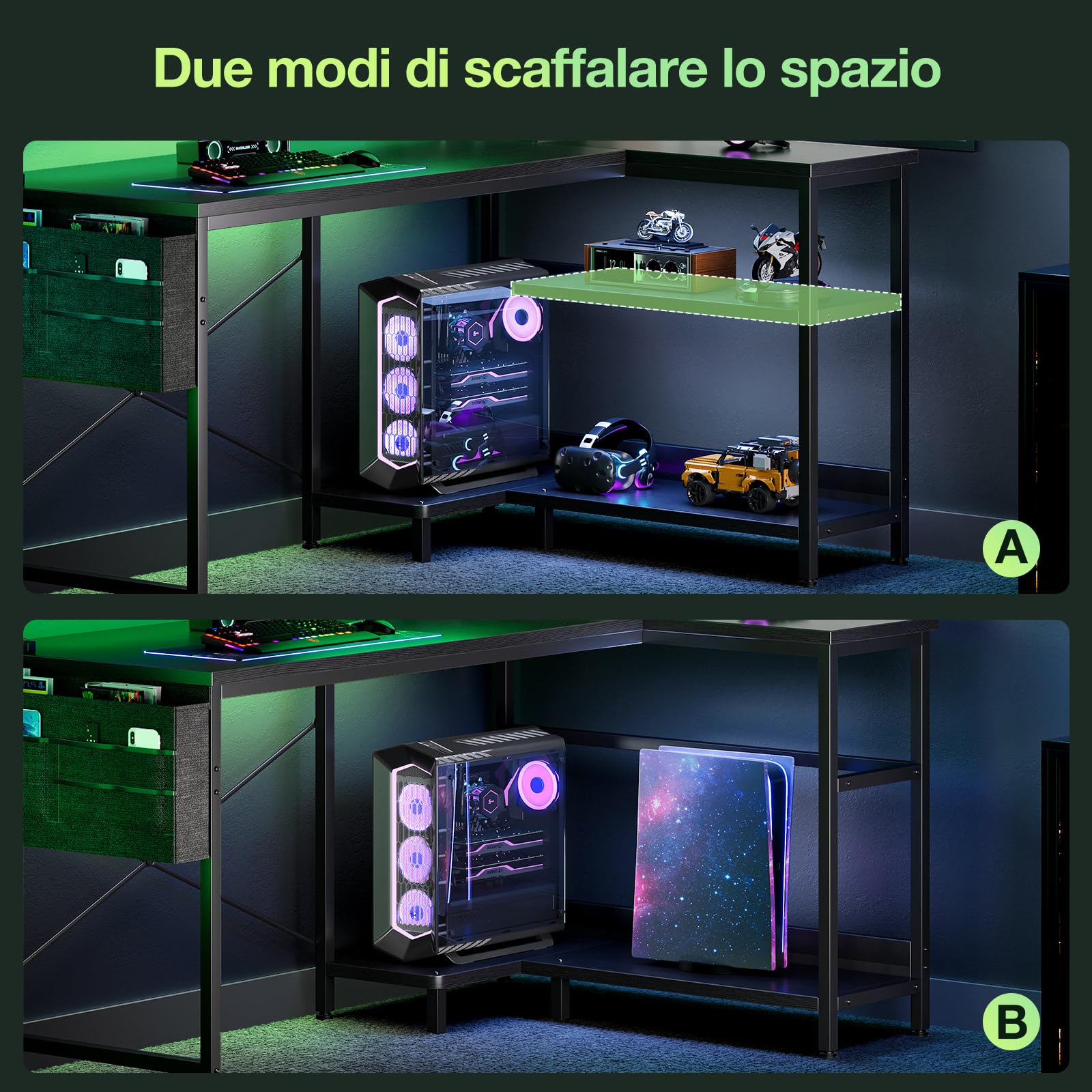 Coleshome Scrivania Gaming con LED e Prese, 120x80cm Scrivania Gaming Angolare Reversibile con Ripiani, Scrivania Angolare con Supporto per Monitor per Casa Ufficio, Nero