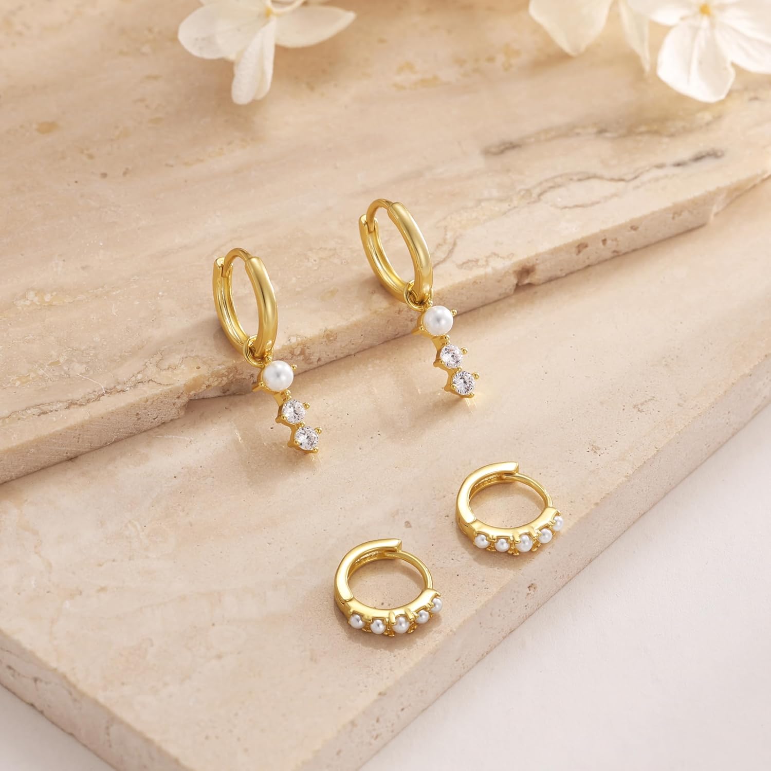 Gold Hoop Earrings for Women,Chunky 14k Gold Plated Trendy Cz Pearl Dangle Huggie Earring Stacks Set Clover Cherry Stud Dainty Twisted Wave Ear Cuff Jewelry Valentines Day Gifts for Her - Image 7