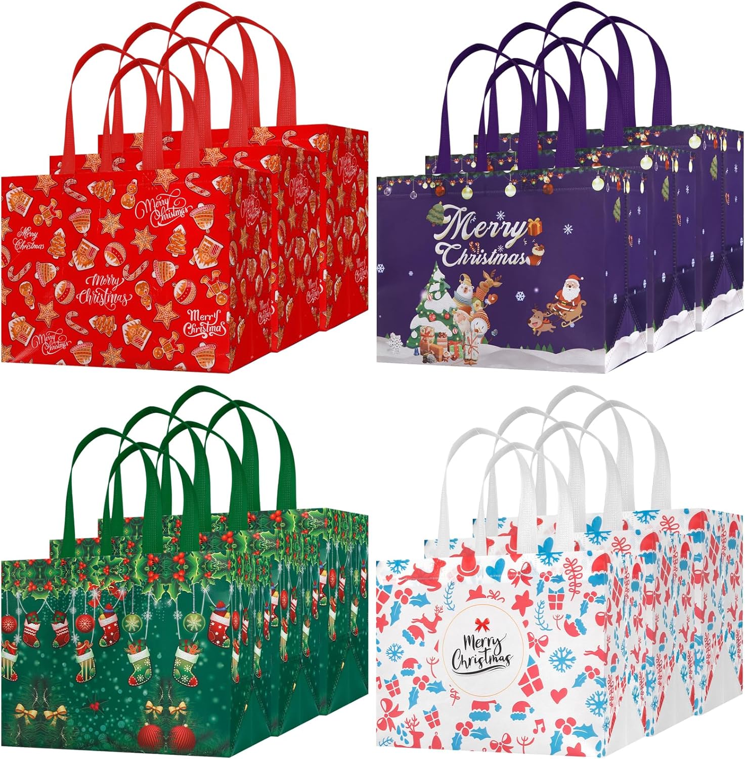 12 Pack Gift Bags, Christmas Tote Bags with Handle Reusable Xmas Treat