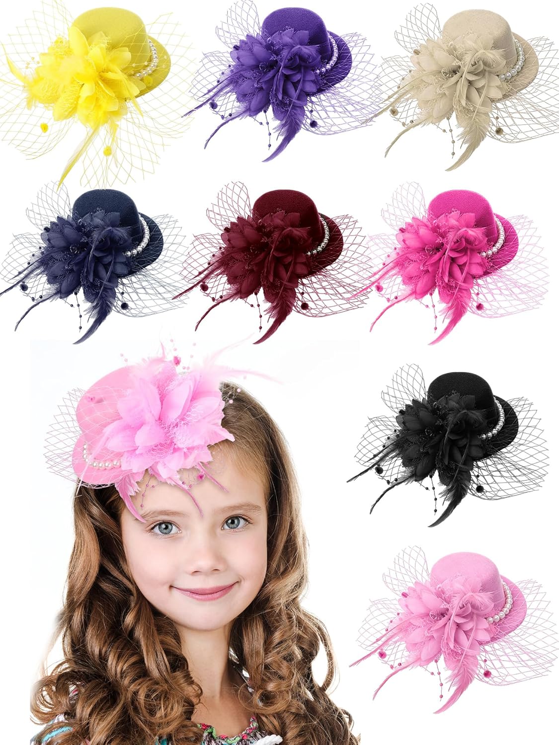 8 Pcs Fascinator Hats Bulk for Women with Clip Feathers Mesh Derby Tea Party Fancy Hats for Party Wedding Cocktail