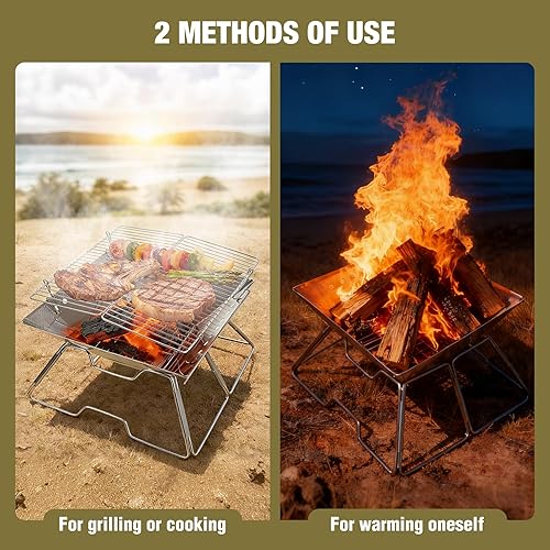 Miniatura 7 de Lineslife Fogata plegable con parrilla para camping, hoguera portátil plegable con parrilla de fogata y bolsa de mano para patio trasero, patio,
