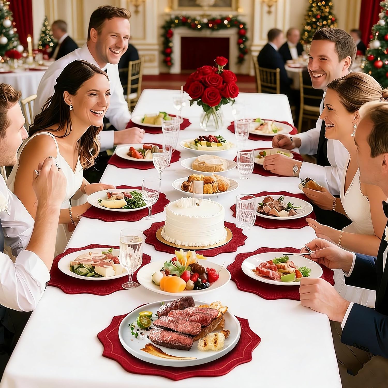 Placemats Set of 4 - Round 15 Inch Cotton Linen Embroidered Scalloped Cloth Table Mats, Washable Red Placemat for Valentine Thanksgiving Holiday Wedding Party Decor - Image 6