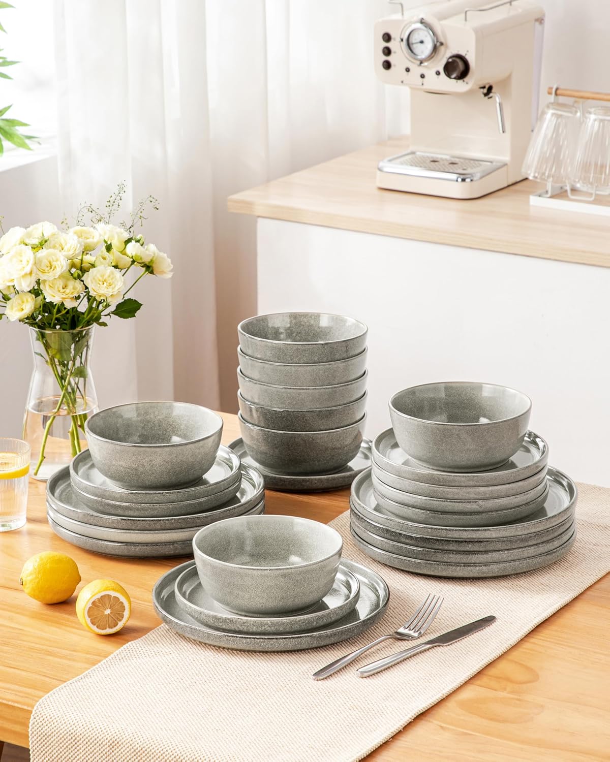 vancasso ANYA 24 Pieces Plates and Bowls Set, Stone Grey Dinnerware Sets, Reactive Glaze Dishes Set for 8, Ceramic Dishware Sets Kitchen Dinner Set, Microwave & Dishwasher Safe - Image 9