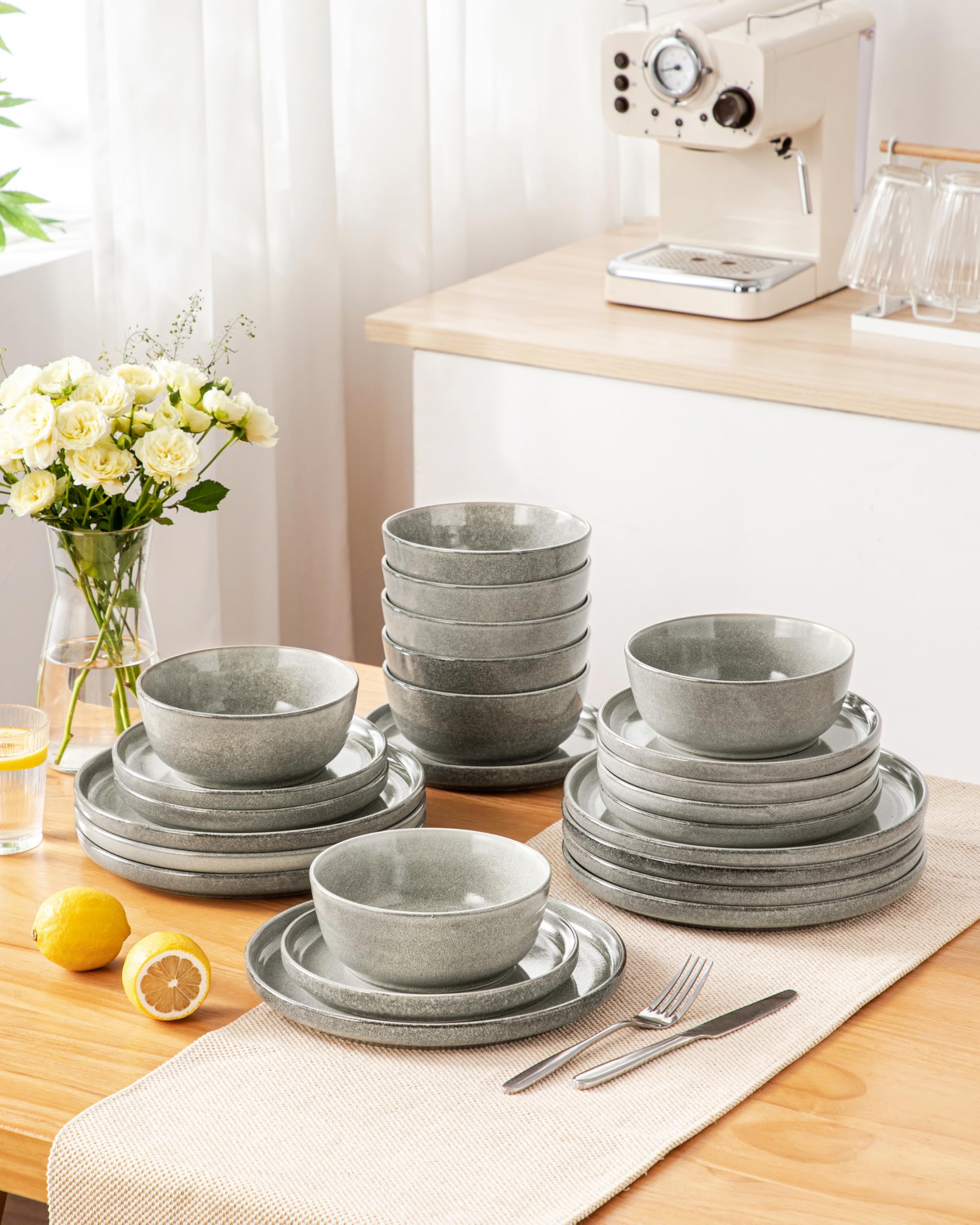 vancasso ANYA Servizio Piatti 18 Pezzi per 6 Persone, Set Piatti Moderni in Gres - 6 Piatti Piani, 6 Piatti Dessert e 6 Ciotole Cereali - Smalto Reattivo Marrone, Adatto per Microonde