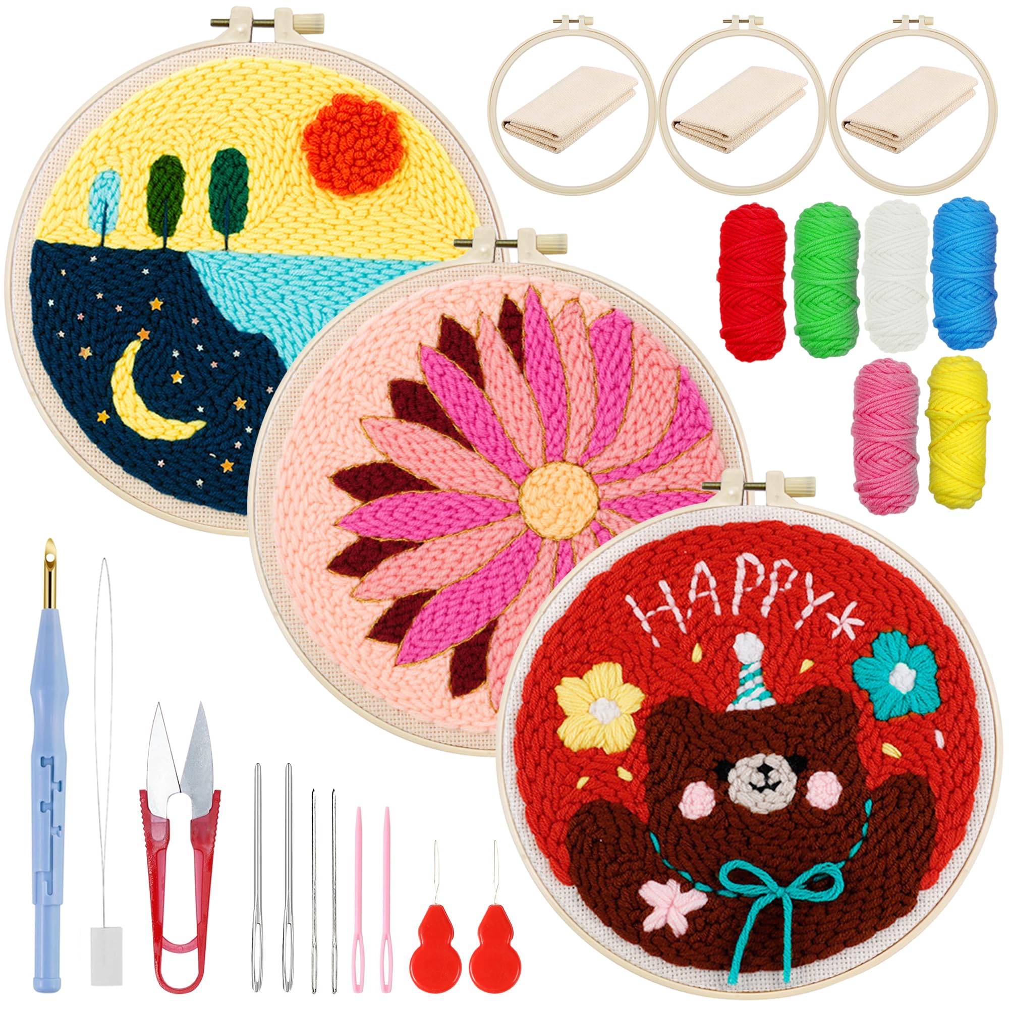 Attuslla 3 Set Punch Needle Embroidery Starter Kits, Punch Needle Cloth with Pattern, Plastic Hoop, Yarn, Needle Pen and Instruction for Beginner (Flower, Lake and Bear)