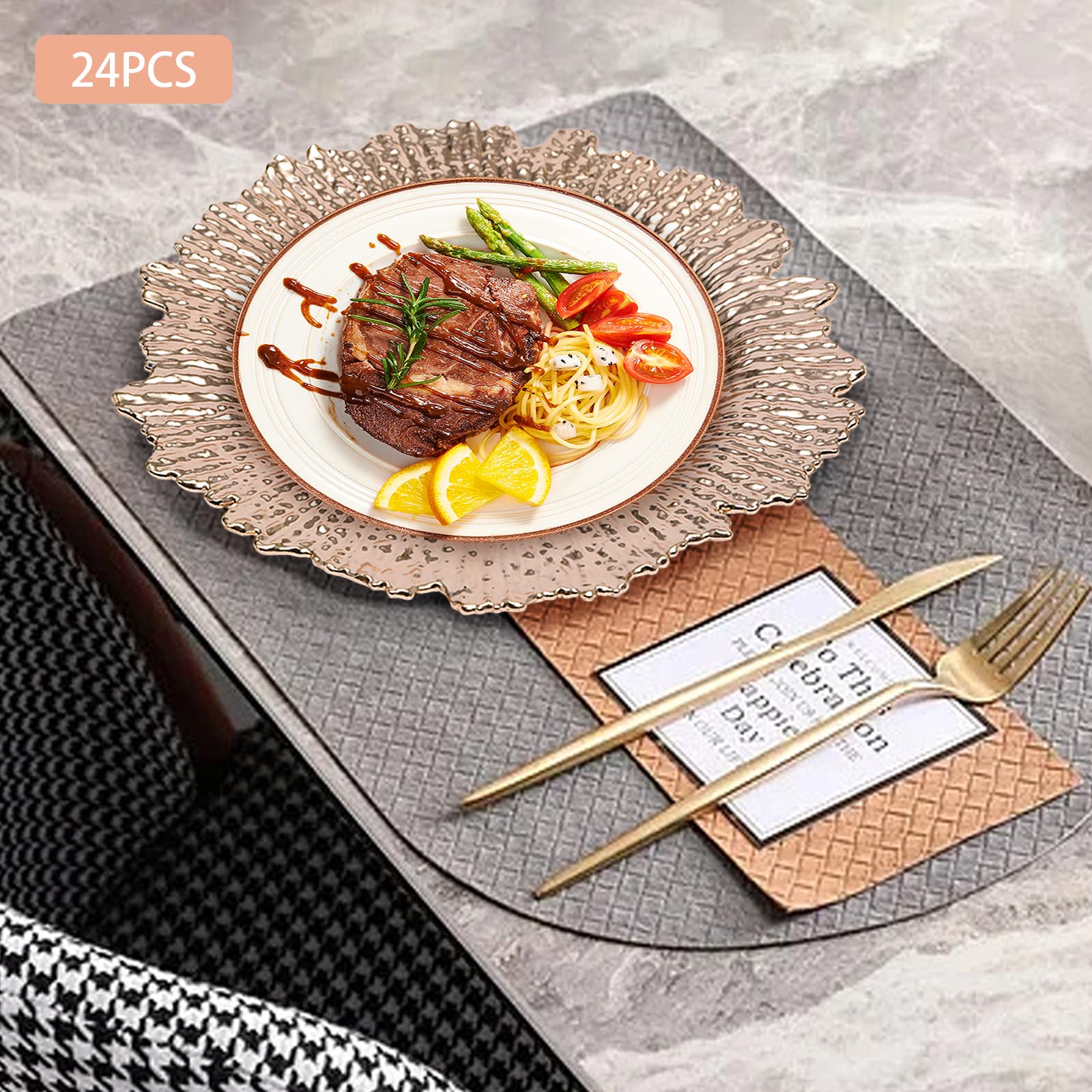 LUOSHALIYA 24 Pcs Gold Charger Plates Bulk, Plastic Serving Chargers Plate with Floral Reef Design for Wedding Dinner Holiday Party Event Table Setting Decoration (Rose Gold)