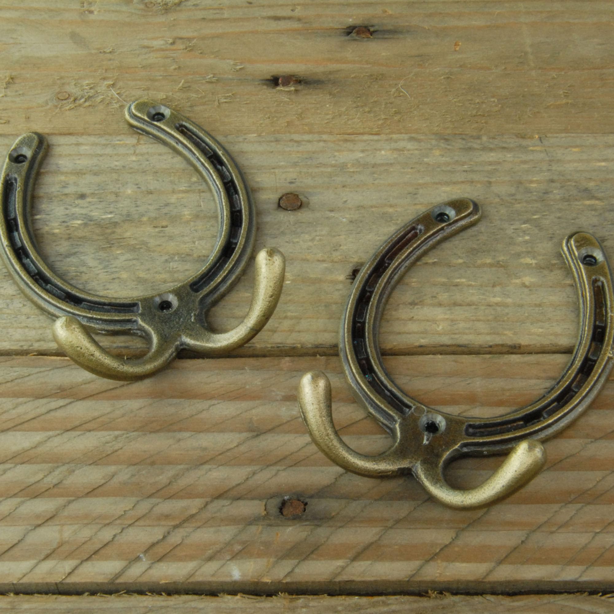 Underground Parts Brass Aged Finish Set Of 2 - Horseshoe Vintage Cast Iron Metal Wall Hooks Antique Brass Finish