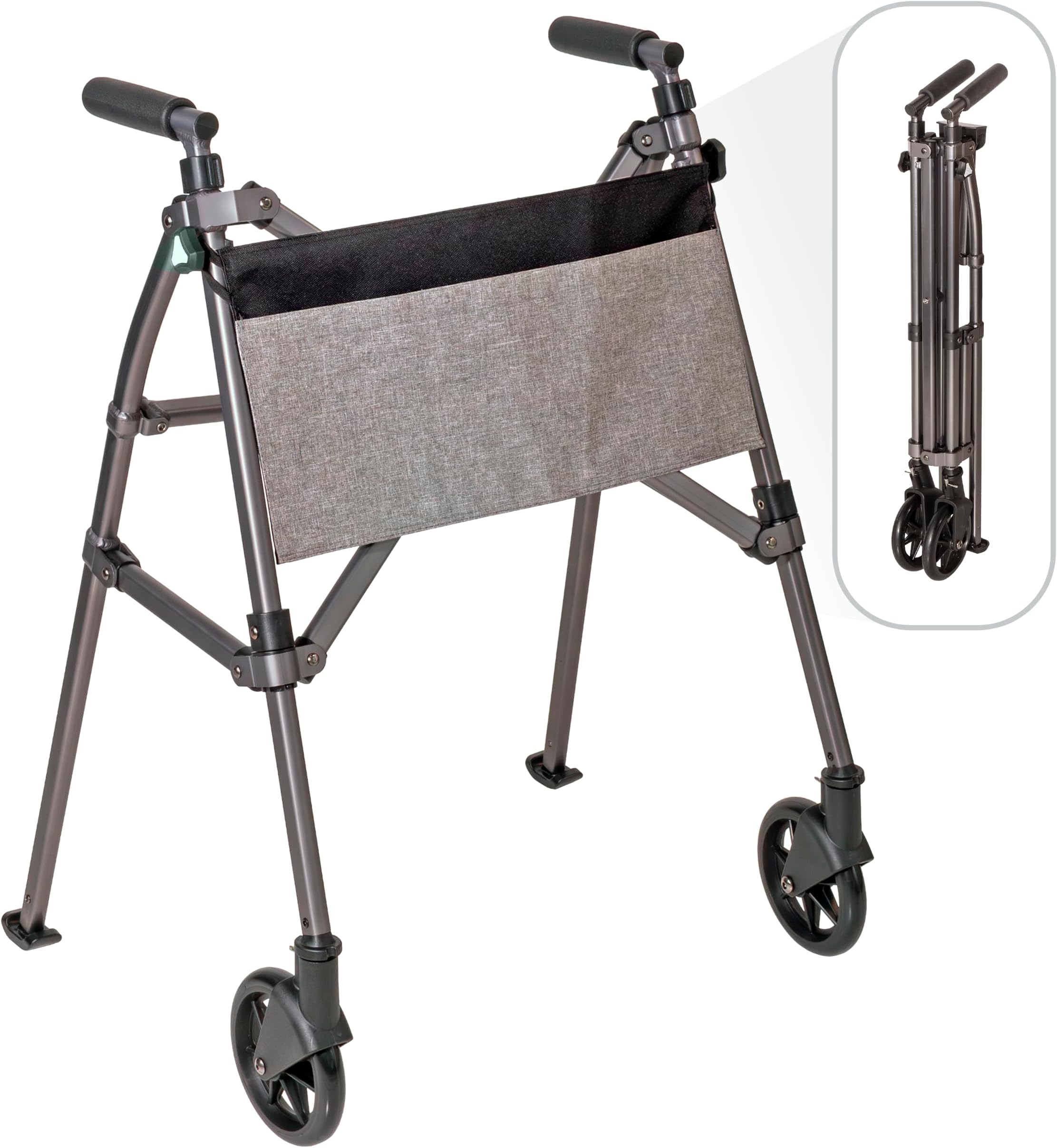 Stander Wonder Walker Plus, Lightweight Folding Mobility Aid for Adults, Seniors, and Elderly, Collapsible Travel EZ Fold-N-Go with Wheels, Glides, & Basket, Black Walnut