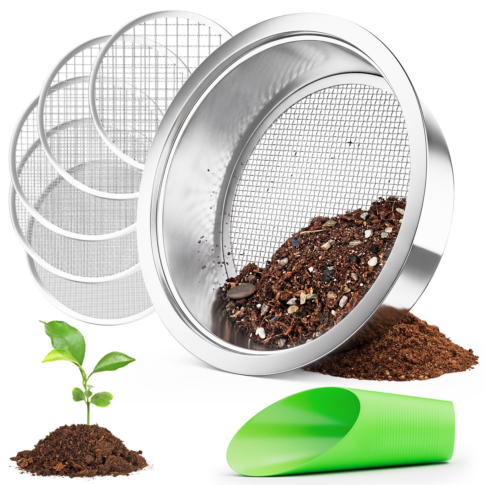 johgee 5 in 1 Gartensieb aus Edelstahl Witterungsbeständig Sieb, mit 5 austauschbare Siebeinsätze Ø 1,3,6,9,12 mm + Schaufel für Erde Steine Kompost Sand usw. 24 cm rund rostgeschützt