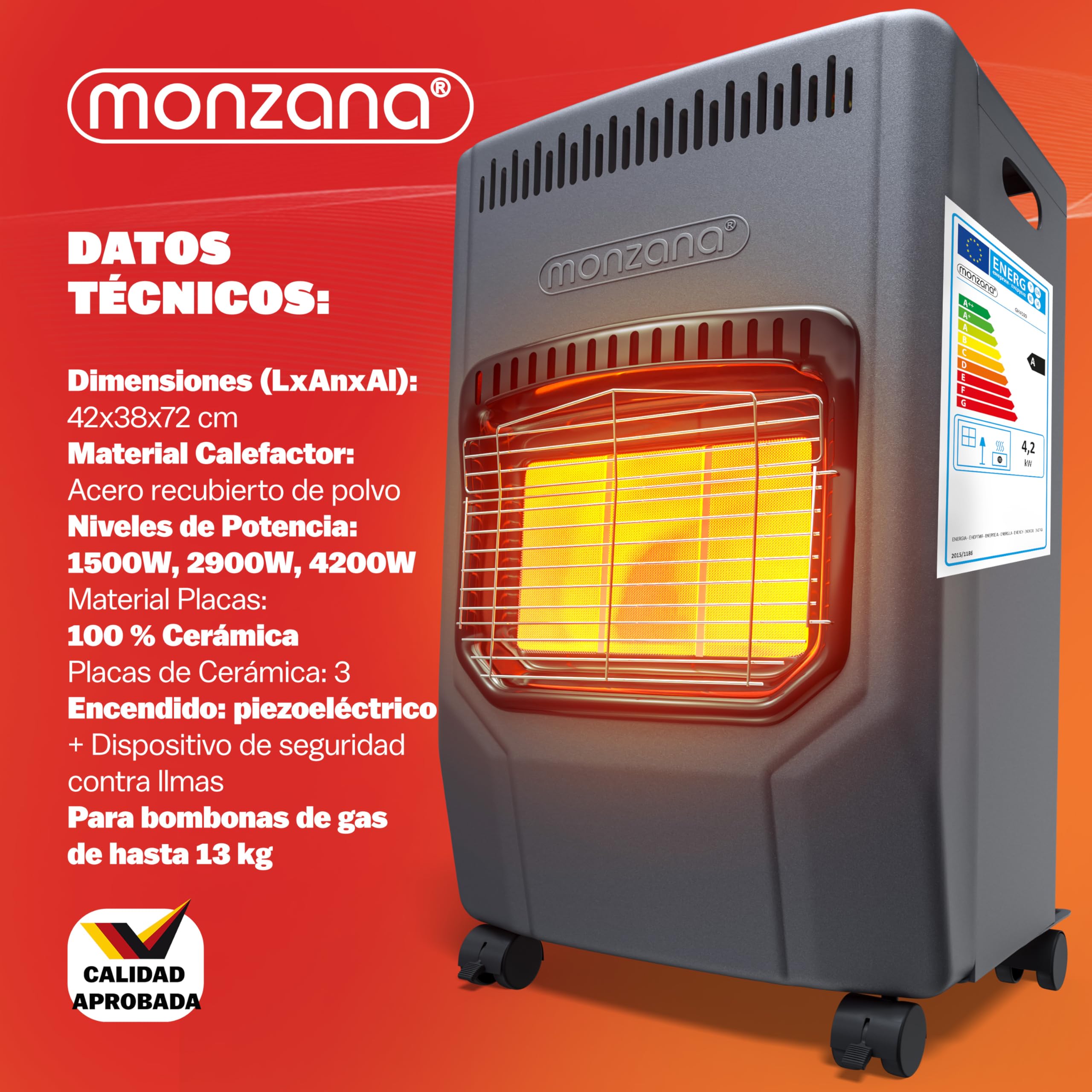 MONZANA® Calefactor de Gas 4200W Estufa Cerámica Regulador de Presión Bajo Consumo Camping Chimenea Móvil
