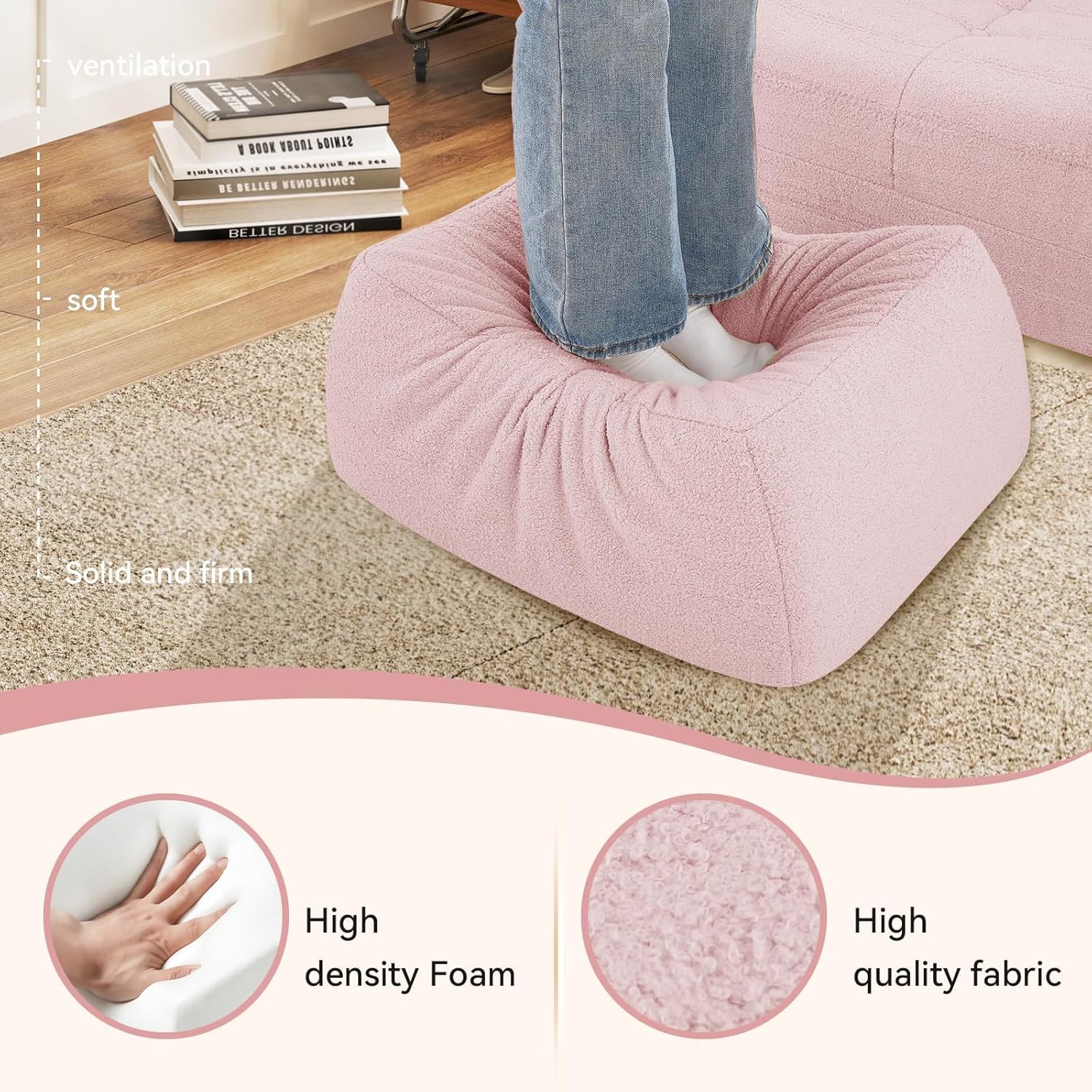 Bean Bag Chair with Ottoman, Comfy BeanBag Chairs for Adults,Giant Bean Bag Lounger with Memory Foam Filled,Teddy Lazy Sofa Reading Chair for Bedroom, Living Room,Dorm,Pink