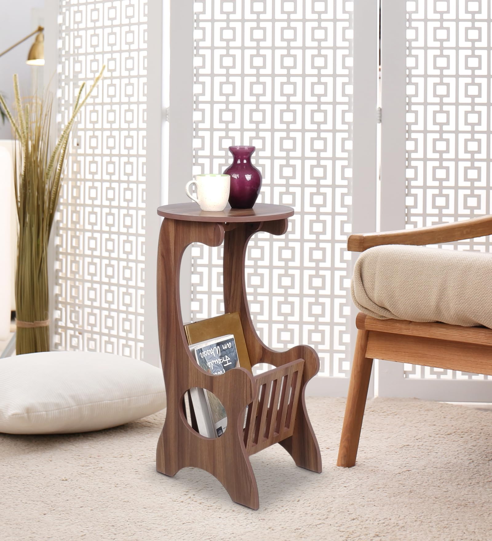 Raytrees Engineered End Table for Living| Drawing Room | Wooden Peg Table | Corner Sofa Side Table with Magazine & Newspaper Storage | Walnut (Modern-P) (RT-H)