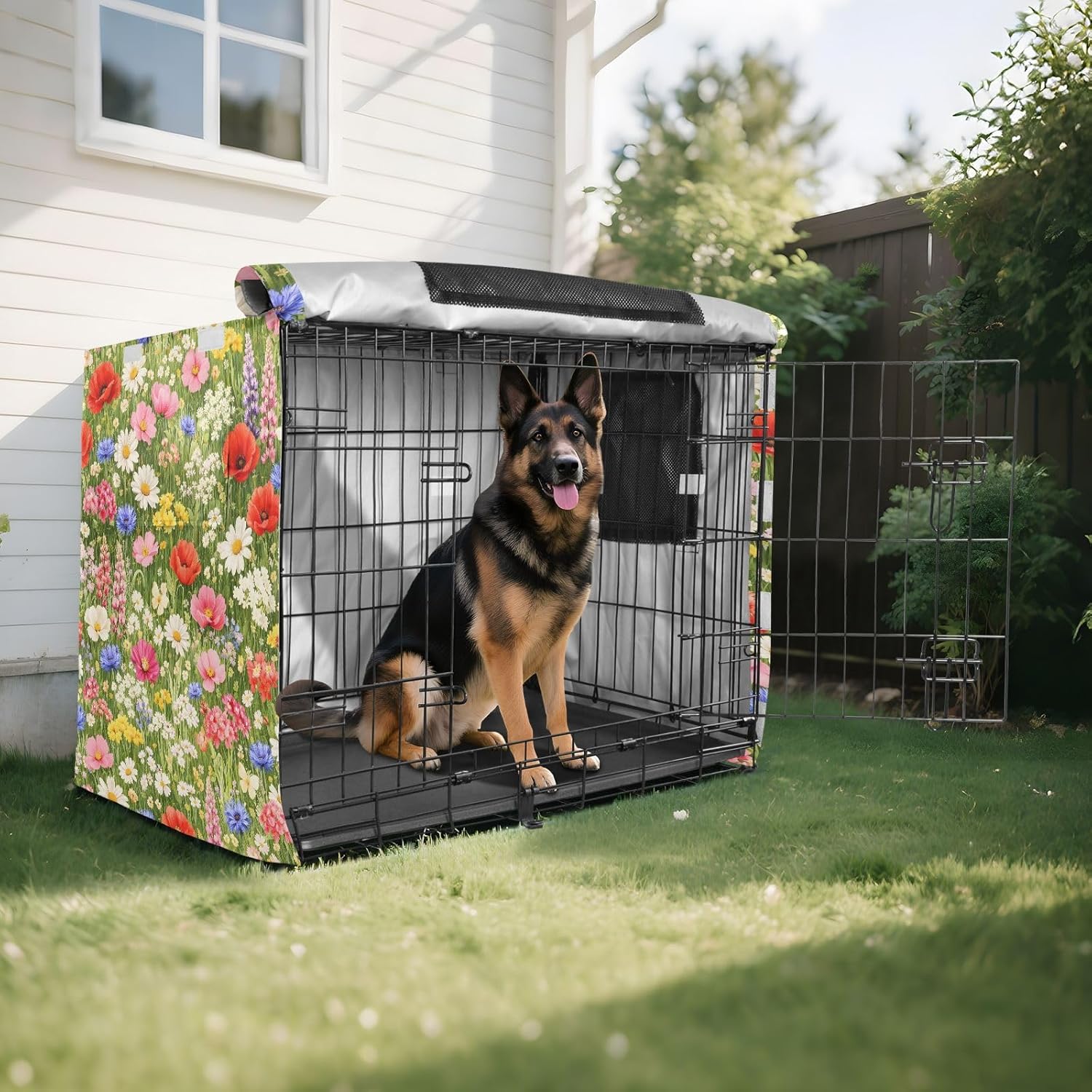 Floral Meadow Dog Crate Cover 600D Oxford Pet Kennel Cover with Mesh Window for Dog Cages, Windproof Waterproof Machine Washable, 42"x28"x30"