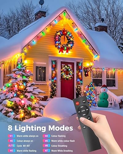 Vista 6 de litogo C9 - Luces de Navidad para exteriores con control remoto, 84 pies, 50 luces LED RGB, luces de hadas cambiantes de color con temporizador