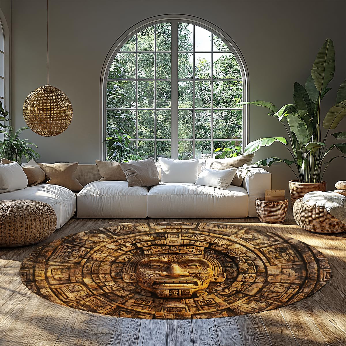 3D Drukowane Okrągłe Dywaniki Azteków Majów Dywan Wejściowy Boho Southwestern Boho Zmywalny okrągły antypoślizgowy dywanik do drzwi wejściowych 180 cm