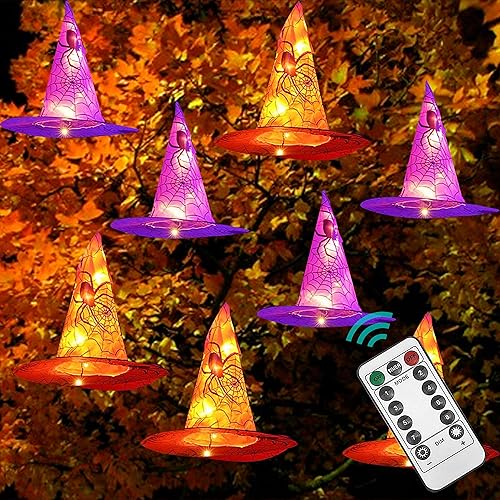 Dazzle Bright 8 luces colgantes de sombrero de bruja para colgar, decoraciones de Halloween impermeables con control remoto para decoración de