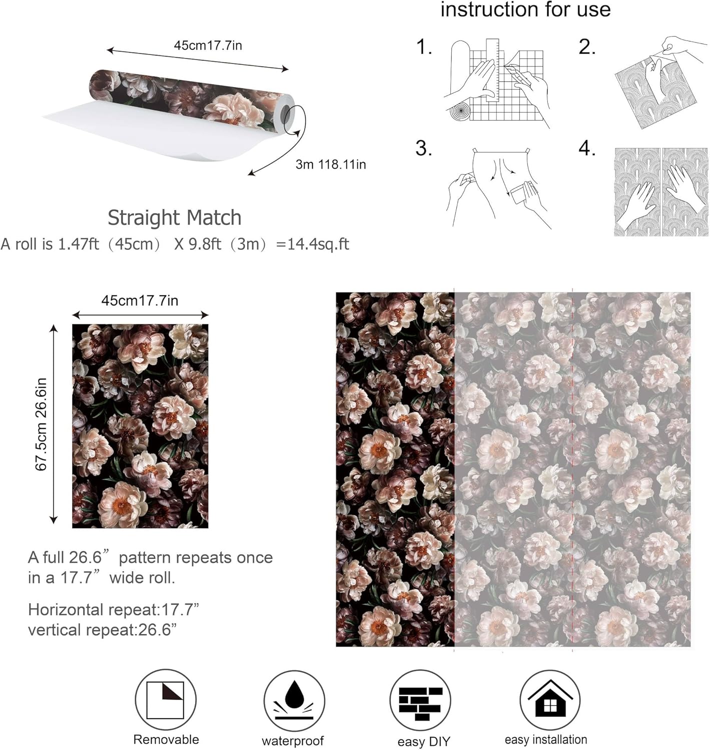 Dark Floral Peel and Stick Wallpaper Boho Balck Self Adhesive Wallpaper Peony Flower Contact Paper Vintage Leaf Removable Wall Paper for Bedroom Cabinet Drawers 17.7"x118"