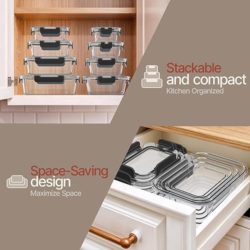Miniatura 9 de Recipientes de almacenamiento de alimentos de vidrio de borosilicato negro con tapas, 16 piezas, grado alimenticio, apilables, sin BPA, recipientes