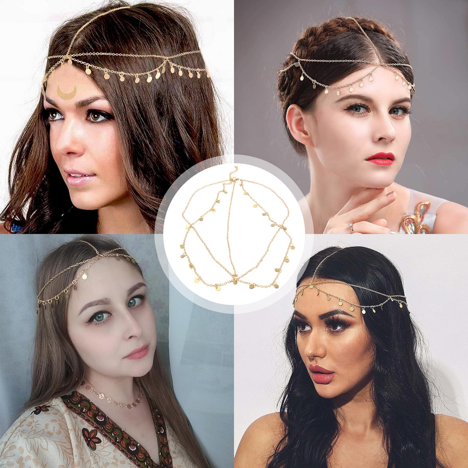 Eymobad Złoty łańcuszek na głowę , cekiny w stylu boho, warstwowy łańcuszek na głowę, ozdoba na głowę, dla panny młodej, na festiwal, ozdoba do włosów dla kobiet i dziewcząt (złoty)