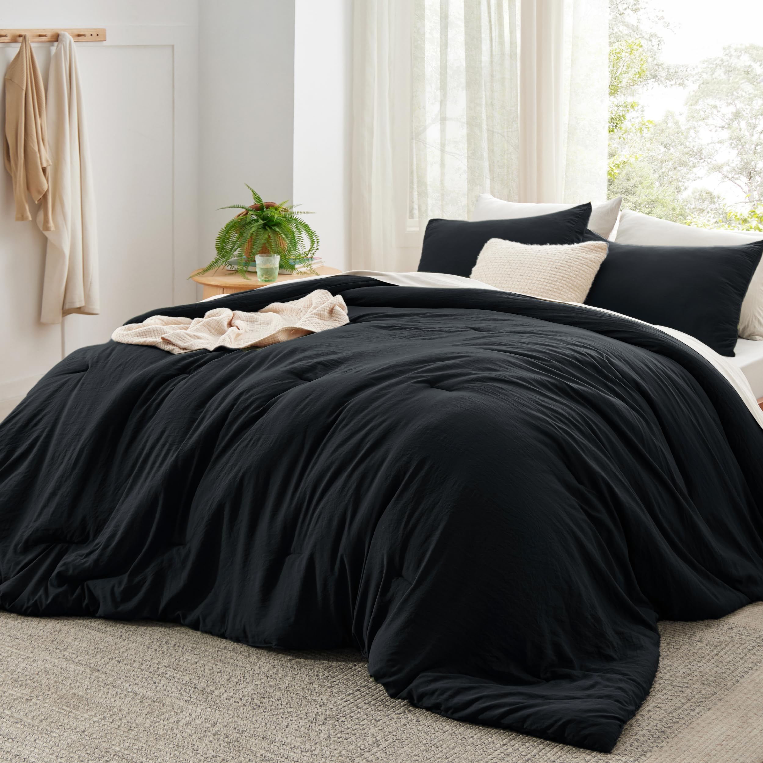 Bedsure Super King Size Comforter Set, Black Soft Prewashed Bedding for All Seasons, 3 Pieces GentleSoft™ Bed Set, 1 Lightweight Comforter (120"x120") and 2 Pillowcases (20"x36")