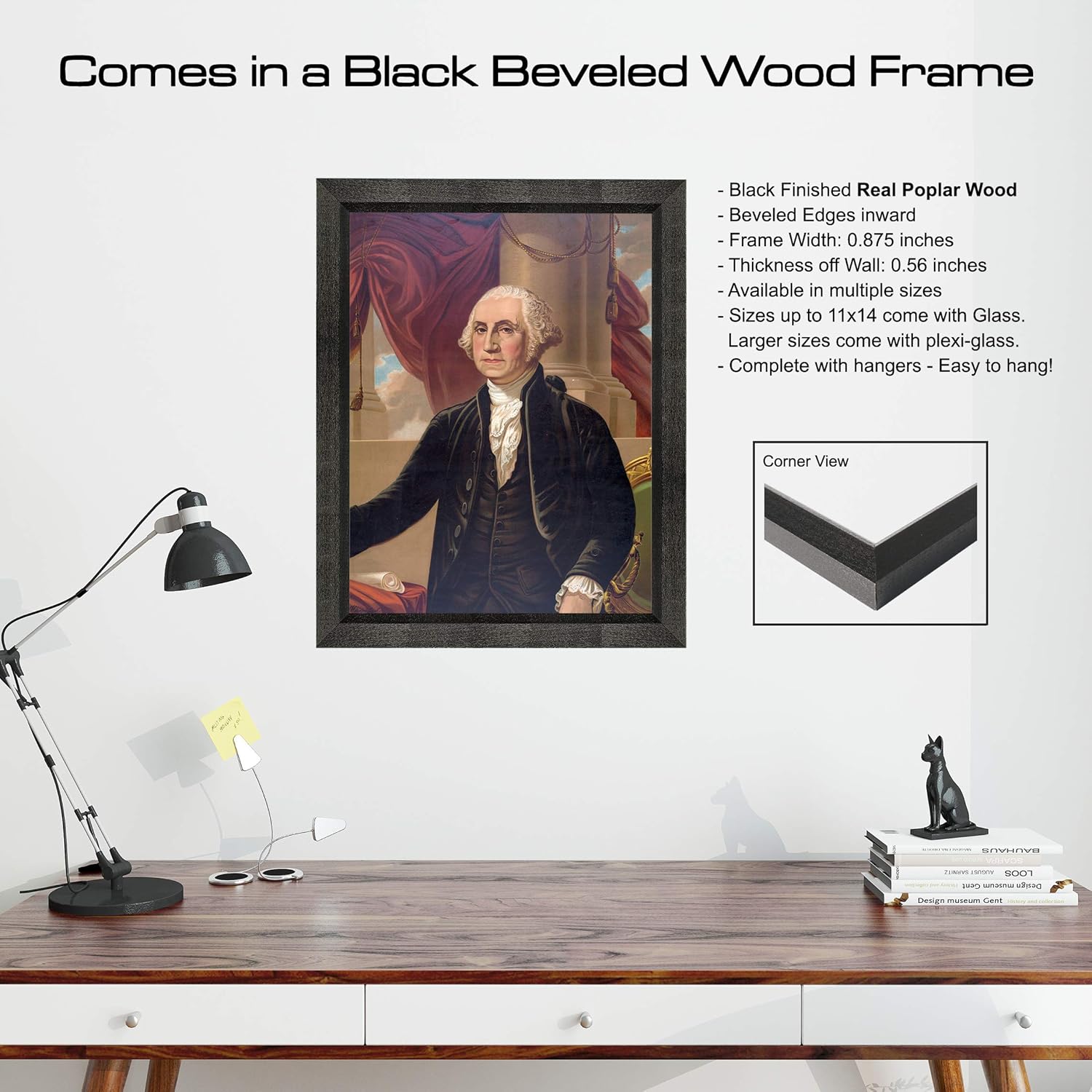 George Washington Photograph in a Black Beveled Frame - Historical Artwork from 1876 - (8" x 10") - Matte