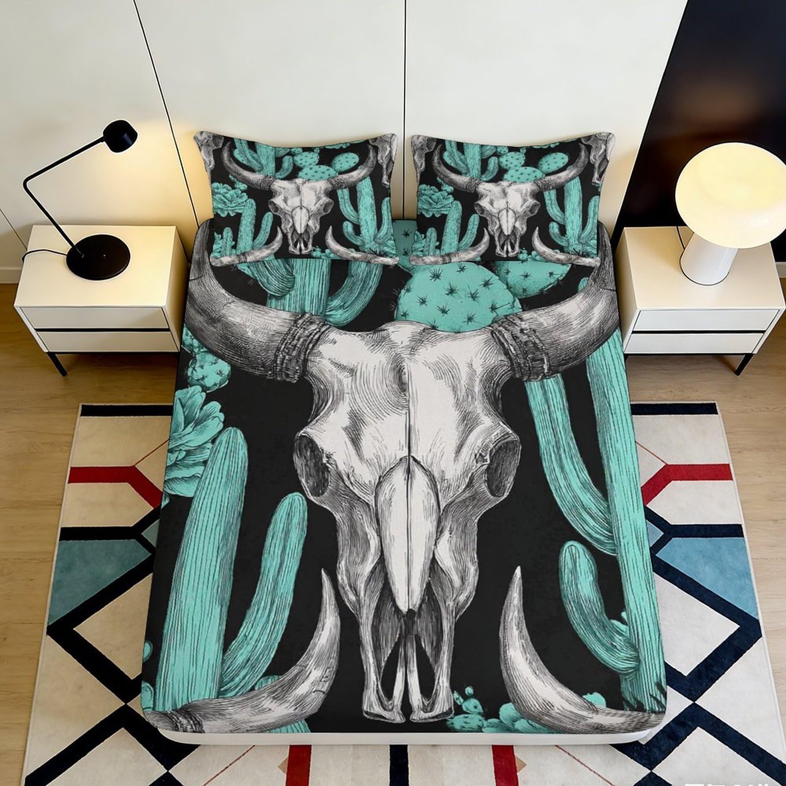 3D Printed Bull Skull Fitted Sheet Microfiber Soft Cactus Pattern Mattress Cover for Bedroom Dorm Decorative 90x200x25cm