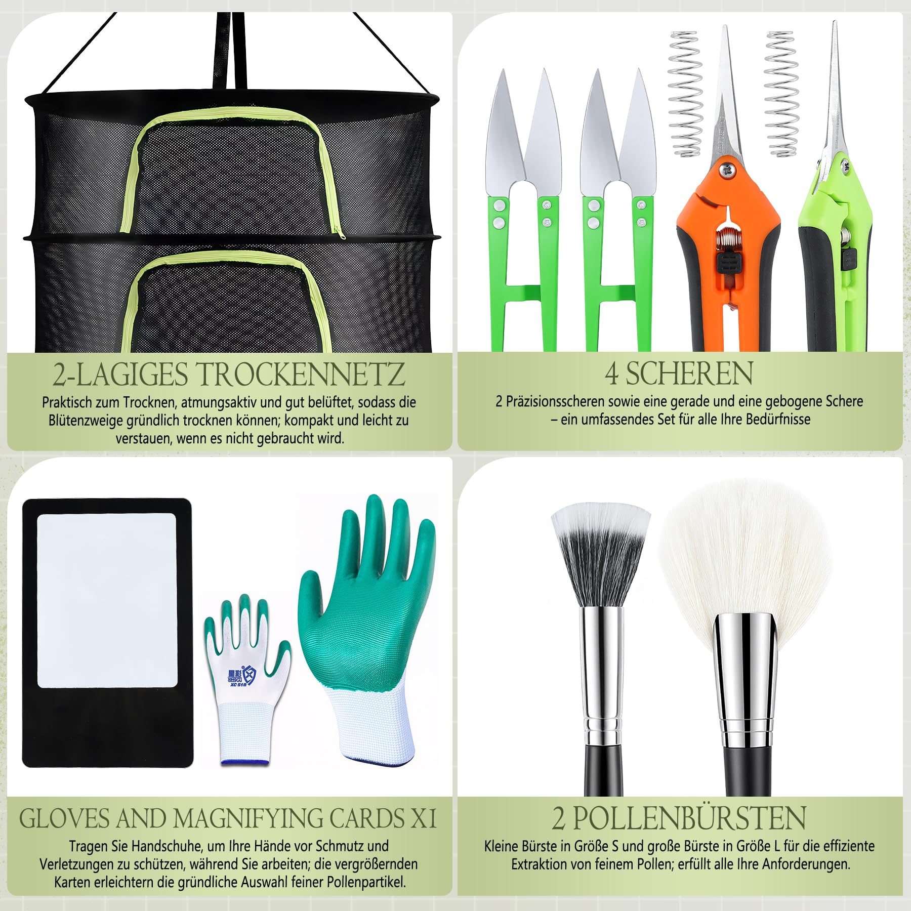 Trim Tray, Premium Trim Bin Set mit 150 Mikron Pollensieb, Ergonomische Trimm Schale, Enthält 4 Paar Scheren, 2 Antistatische Bürsten, Kartenlupe, 2 Stufiges Trockennetz, Gartenhandschuhe