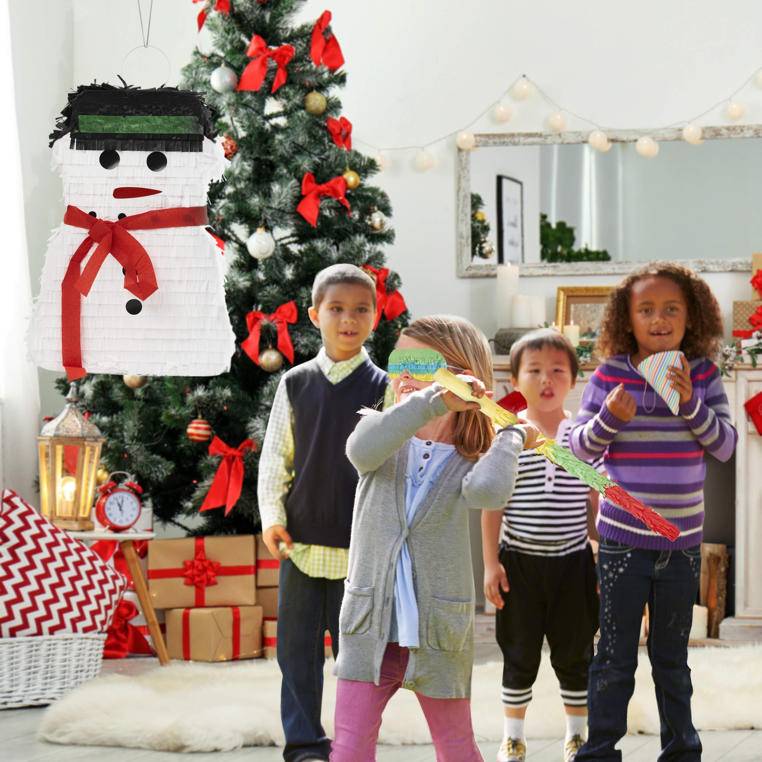 THE TWIDDLERS Schneemann Piñata zum Befüllen mit Spielzeug, Mitgebsel - mit Stock & Augenbinde