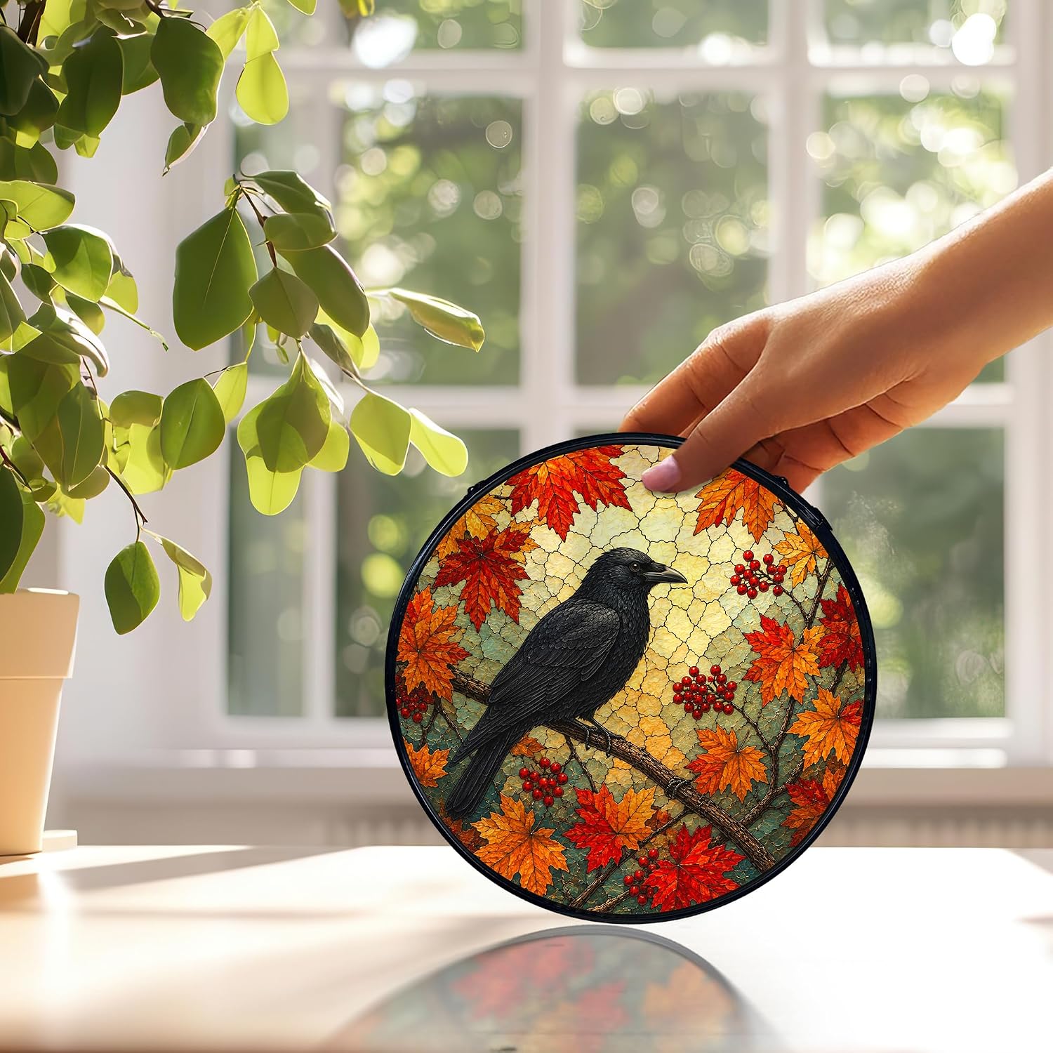 Fall Gothic Crow Suncatchers Stained Glass Window Hanging, Autumn Black Crow Raven Sun Catchers Indoor Window Glass Round Wall Decor, Halloween Whimsy Fall Wall Hanging Decorations, 7.9X7.9in