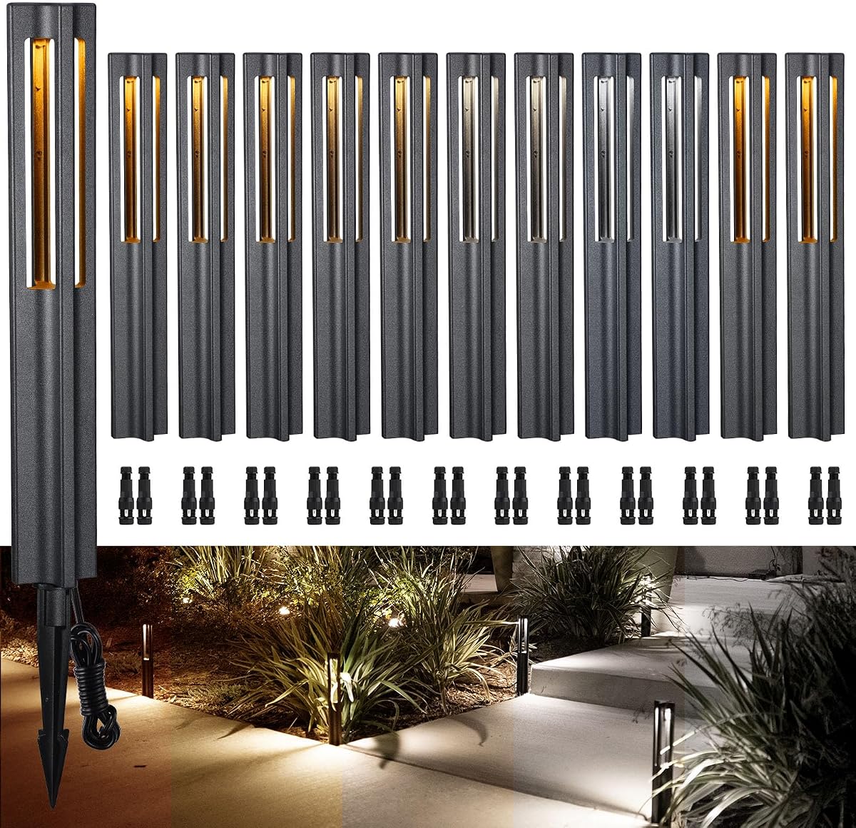 LEONLITE Paquete de 12 luces LED de bajo voltaje de 3W 5CCT Aluminio Negro | Luces LED para caminos de paisaje, iluminación de paisaje exterior, 1800K2700K3000K4000K5000K seleccionable, 12-24V, ETL, IP65 a prueba de agua