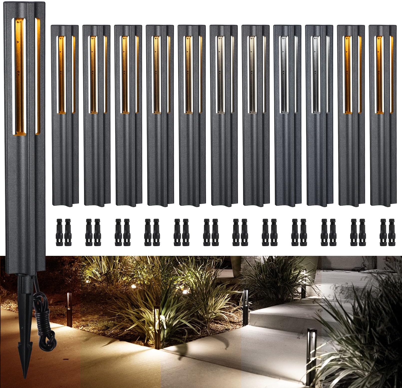 12-Pack 5CCT Low Voltage Path Lights, Update 1800K2700K3000K4000K5000K Selectable, 3W LED Landscape Pathway Lights, Outdoor Landscape Lighting for Driveway, Aluminum, 12-24V, ETL, IP65, Black