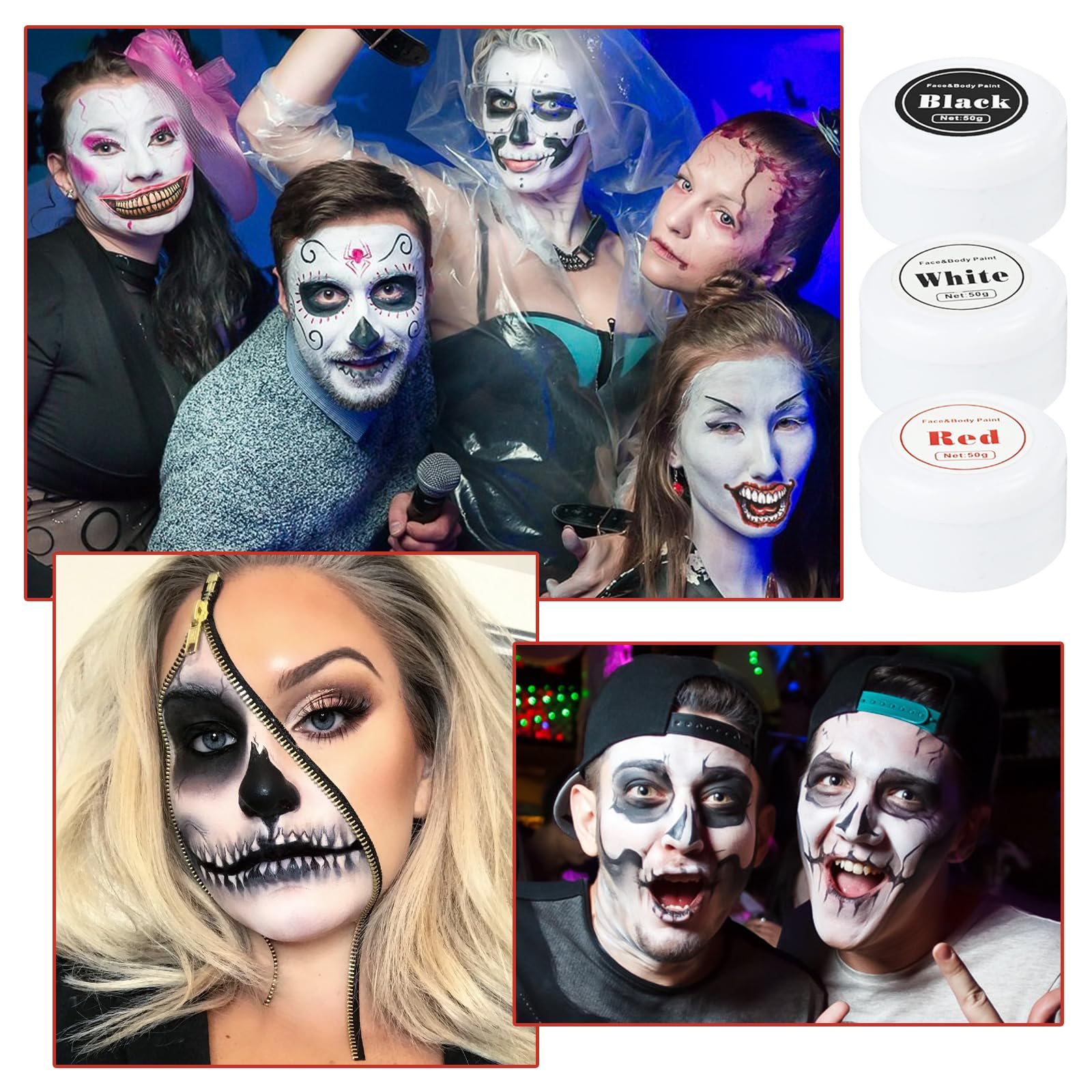 Set Trucco Teatrale Per Halloween, 3 Colori (Nero, Rosso, Bianco) Da 30 G Ciascuno, Con Pennelli, Spugne E Adesivi, Per Carnevale E Feste In Maschera