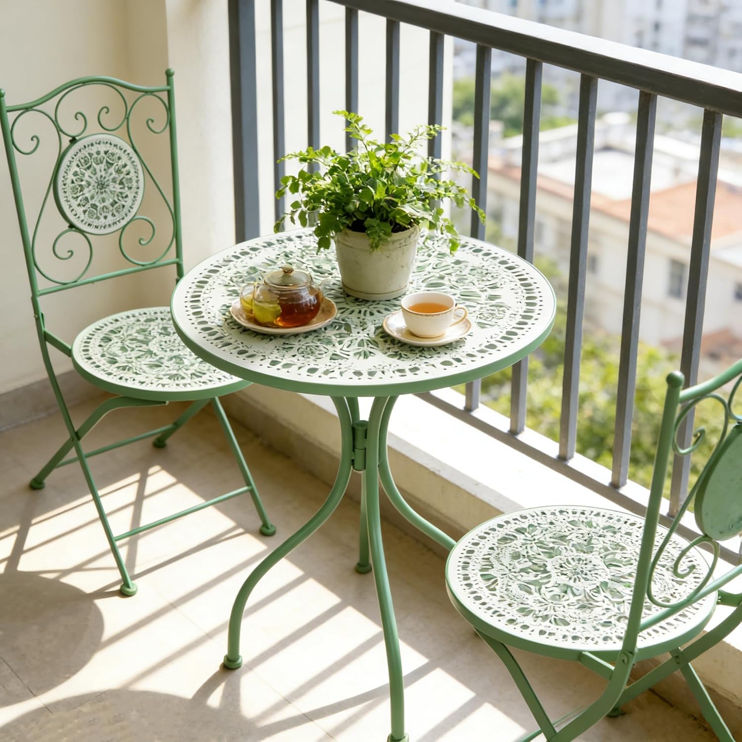 Rustic Patio Bistro Metal Folding Chairs Mosaic Pattern Ceramic Tiles Seat and Iron Frame Decor Outdoor Chair for Farmhouse Garden Backyard Porch Pub Lawn Dining Kitchen Furniture Green Flower