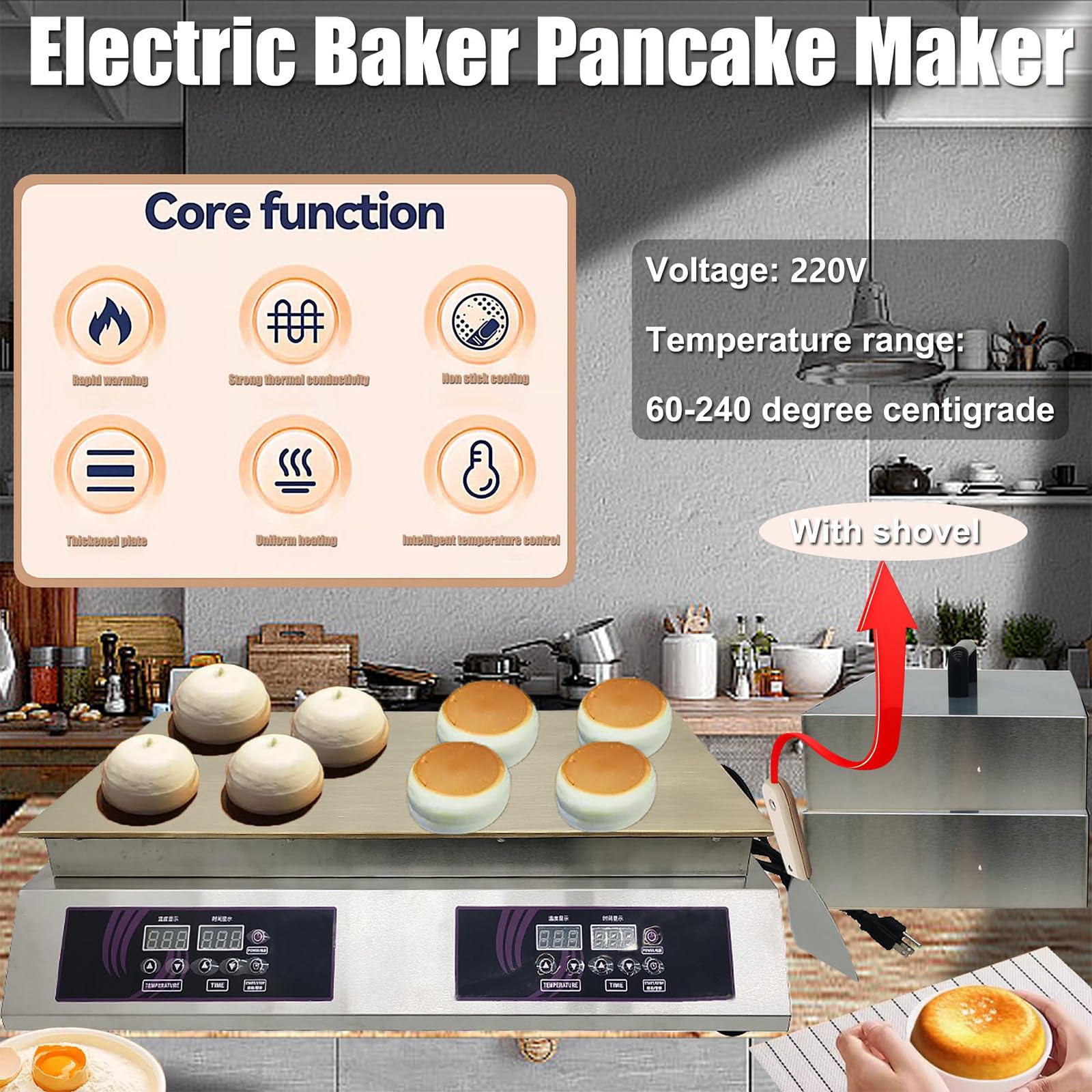 Máquina comercial de soufflé para panqueques Dorayaki Baker Plancha eléctrica de doble placa Pantalla digital Muffin Maker 26.3x13.8 pulgadas Superficie de calefacción de cobre Máquina esponjosa 2