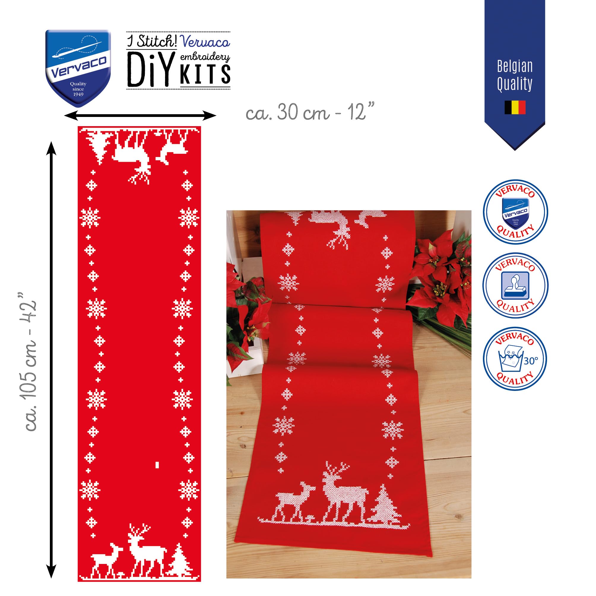 Vervaco Embroidery Christmas Embroidery Kits Cross Stitch Table Runner DIY Set, Tablecloth to Embroider with Image on Cotton and Embroidery Thread, 12 x 42 Inches, Christmas Deers
