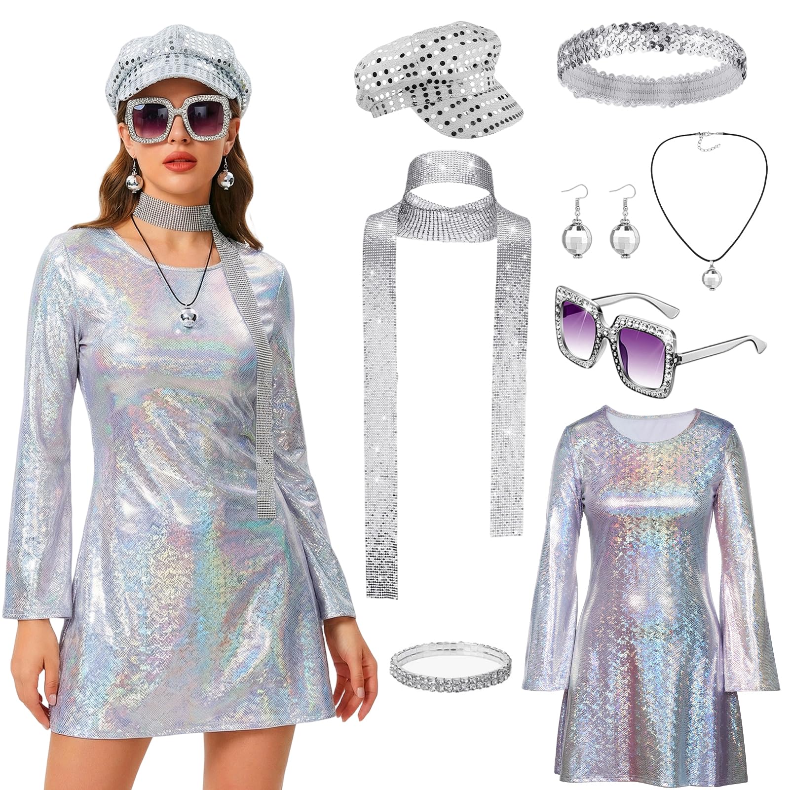 Aleshime Women 70s Disco Costume Flare Sleeve Dress, Retro 70s 80s Fancy Dress Outfit with Sequins Hat, Choker, Necklace, Earrings, Glasses & Bracelet for Disco Birthday Dance Party Cosplay