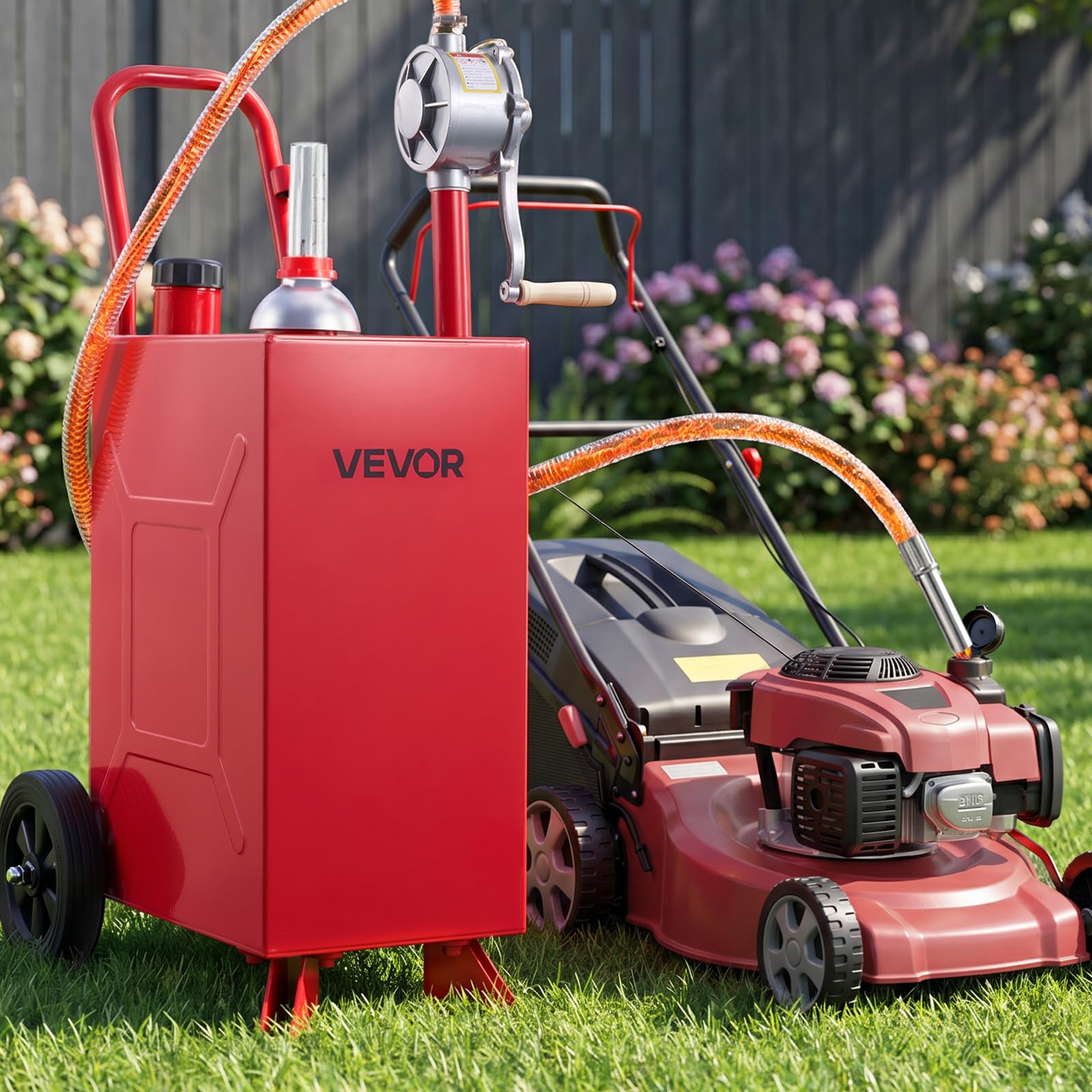 VEVOR Carro de Combustible de 56,8 L con Depósito de Diésel y Gasolina | Tanque de Combustible con 2 Ruedas, Bomba Manual de Trasvase Bidireccional, Acero al Carbono, para Granja, Garaje y Exterior