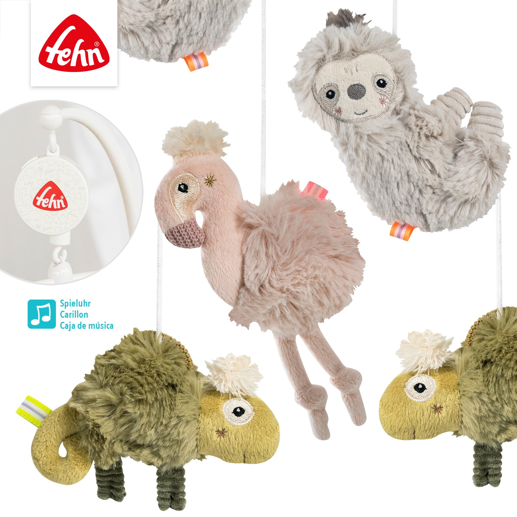 Fehn giostrina musicale Lazy, Crazy, Pink - mobile da appendere con melodia musicale ninna nanna di Brahms e personaggi per calmare e intrattenere - Con fissaggio al letto per bambini da 0 a 5 mesi
