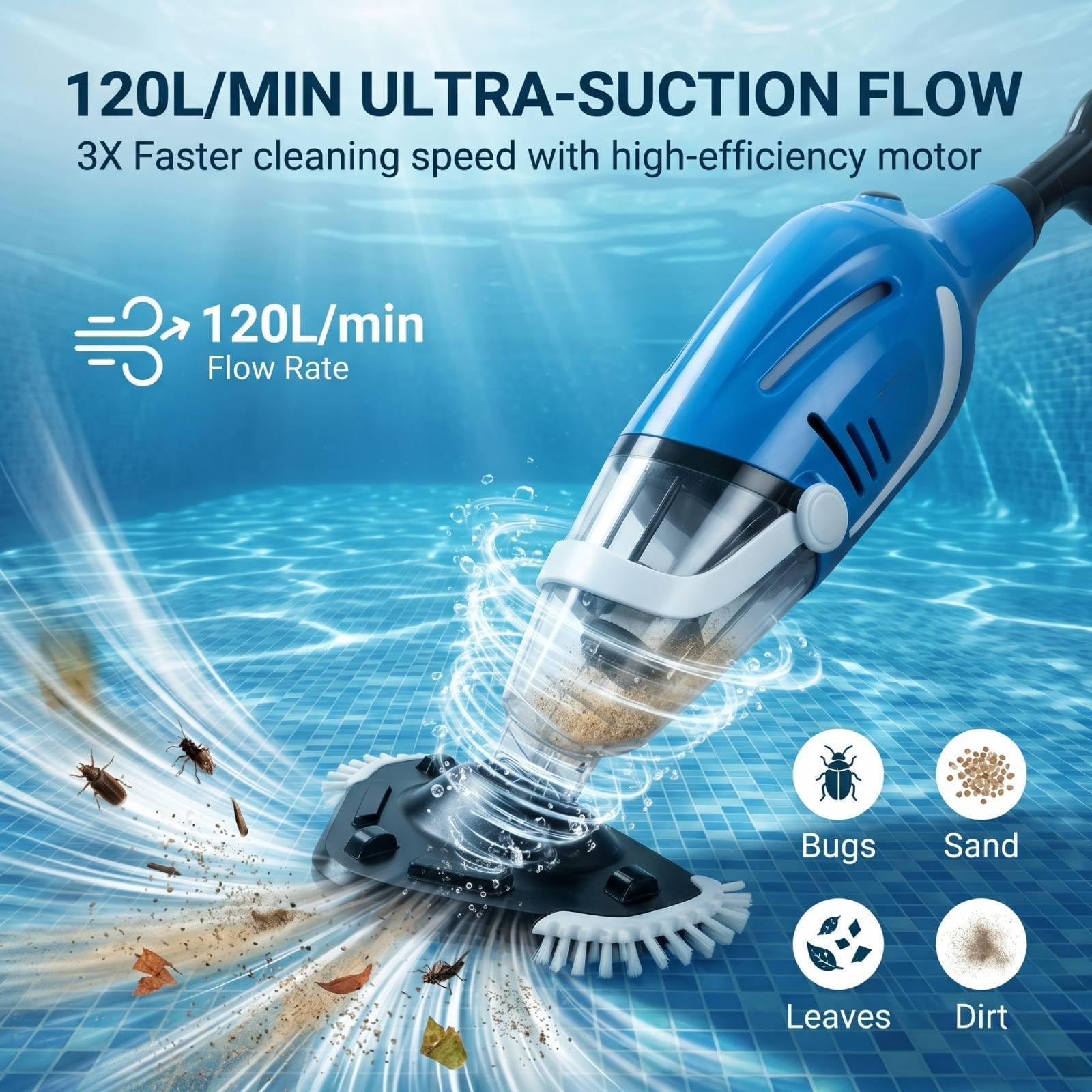 Bostar Aspirateur de piscine sans fil 120 l/min avec barre télescopique, autonomie de 80 minutes, double filtration, aspirateur à main pour petites piscines, spa, piscine de jardin