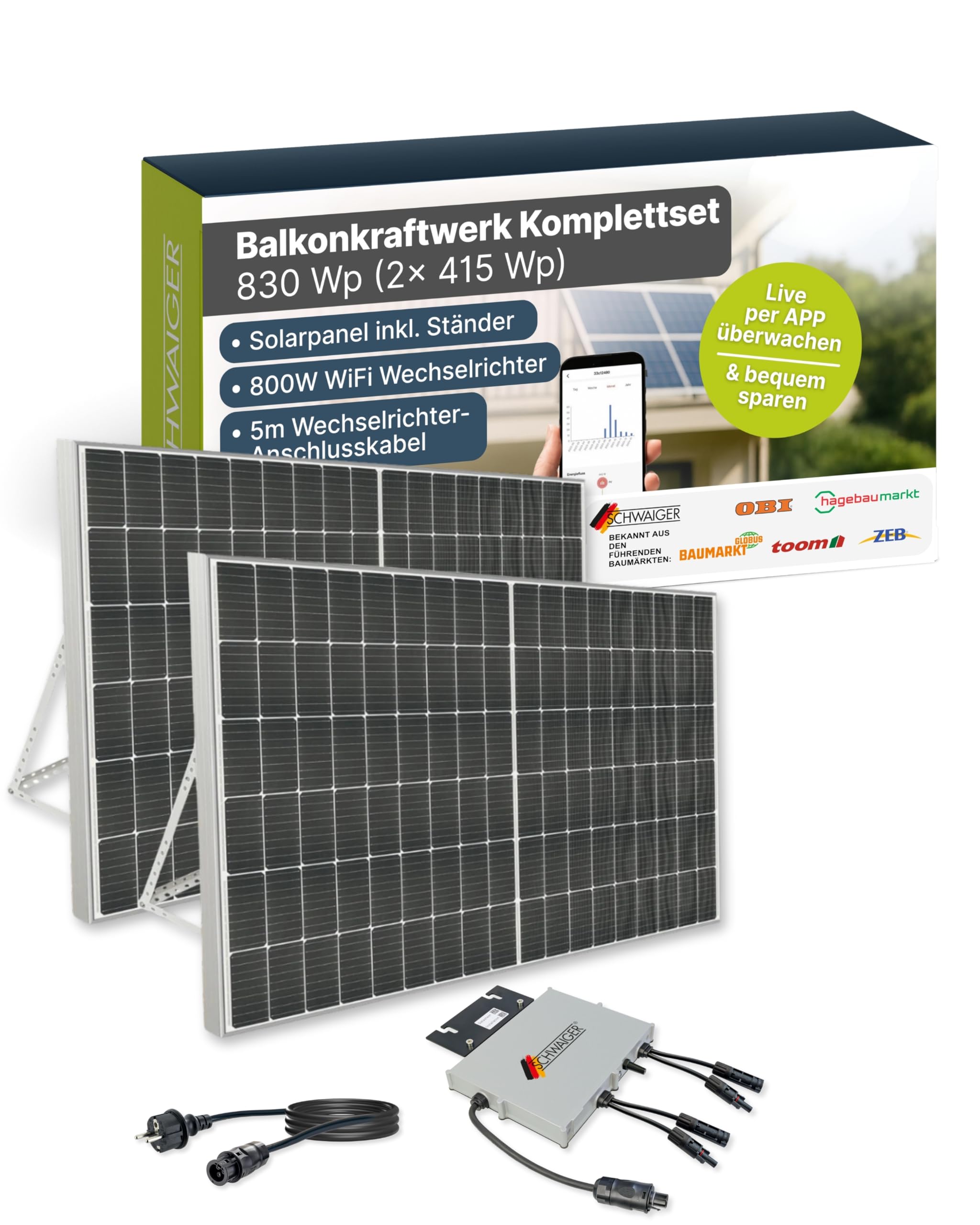 SCHWAIGER Balkonkraftwerk Komplettset 830 Wp I 2× 415 Wp Solarpanels inkl. Ständerwerk, 800W WiFi Wechselrichter, 5m Anschlusskabel I Plug & Play Solaranlage Photovoltaik für Balkon & Garten