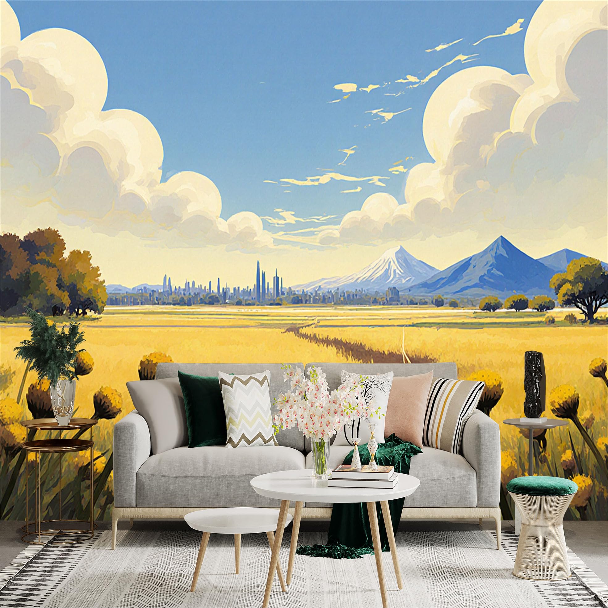 Custom Size Wall Sticker Mural， Golden Meadow with Wildflowers， Distant City and Snow Mountains Under Blue Sky， for wall Decoration， peelandstick wall Decals.