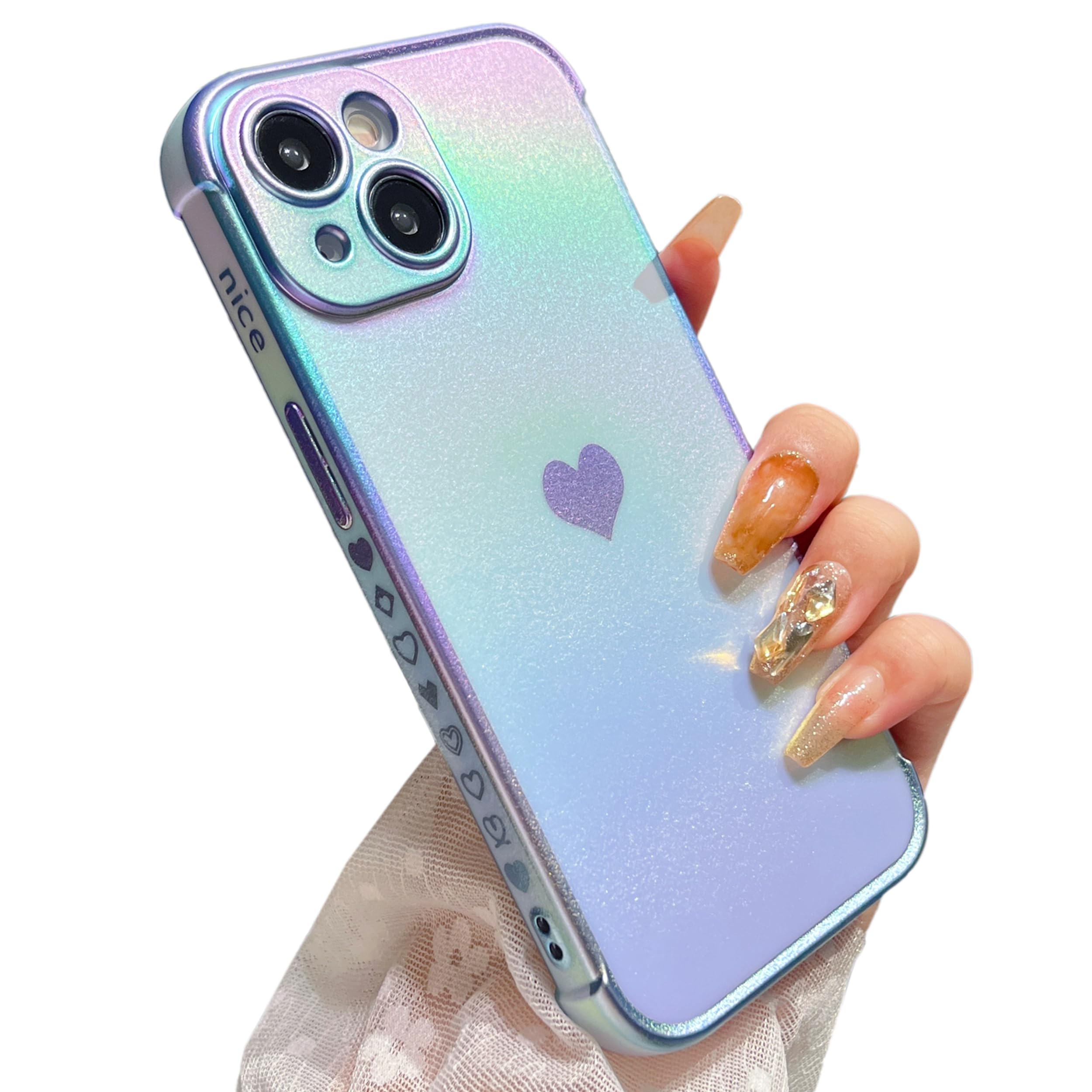 ZTOFERA Compatible with iPhone 15 Plus (6.7") Case for Girls Women, Luxury Fluorescent Matte Silicone Case with Cute Love Heart Pattern Plated Rim Shockproof Cover, Iridescent Sierra Blue