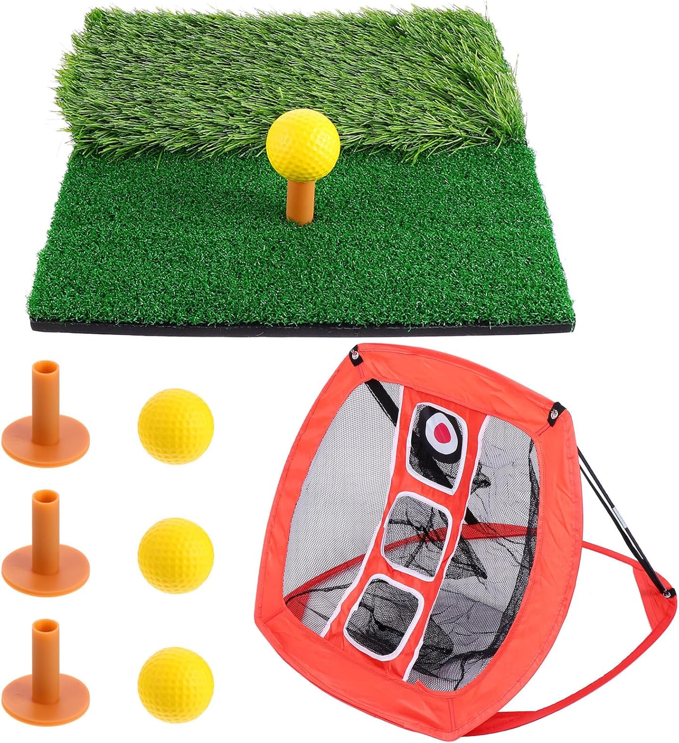 Portable Nylon Golf Training Net Set with Orange Chipping Net Mini Hitting Mat TPU Tees Yellow PU Balls for Indoor Outdoor Practice and Short-Range Accuracy Improvement