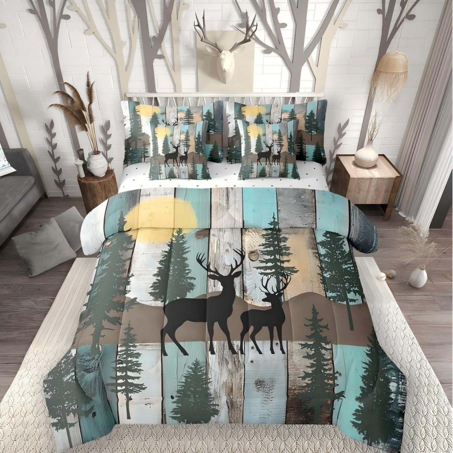 Elk Deer Bed in a Bag Queen Comforter Set 7 Piece, Christmas Reindeer Bedding Sets Farmhouse Arts Rustic Barn Door Comforter and Sheet Set, Vintage Countryside Wood Board Room Decor, Grey Brown